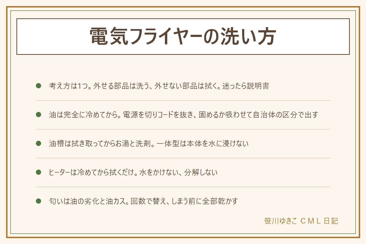 電気フライヤーの洗い方の早見表:考え方は外せる部品は洗う・外せない部品は拭くの1つで、迷ったら説明書。ふた・バスケット・外せる油槽は食器用洗剤で洗え、ヒーターと本体は洗わず拭く。油は電源を切りコードを抜いて完全に冷めてから、凝固剤は表示の温度で固めるか新聞紙や吸油パッドに吸わせ、自治体の区分で出し、排水口に流さない。油槽はキッチンペーパーで油を拭き取ってからお湯と洗剤でつけ置きし、一体型は本体を水に浸けず湿らせた布で拭く。ヒーター周りは冷めてからキッチンペーパーと固く絞った布で拭くだけで、水をかけない・分解しない。食洗機は部品ごとに説明書で確認、匂いは油の劣化と油カスが原因なので回数で替え、しまう前に全部乾かす