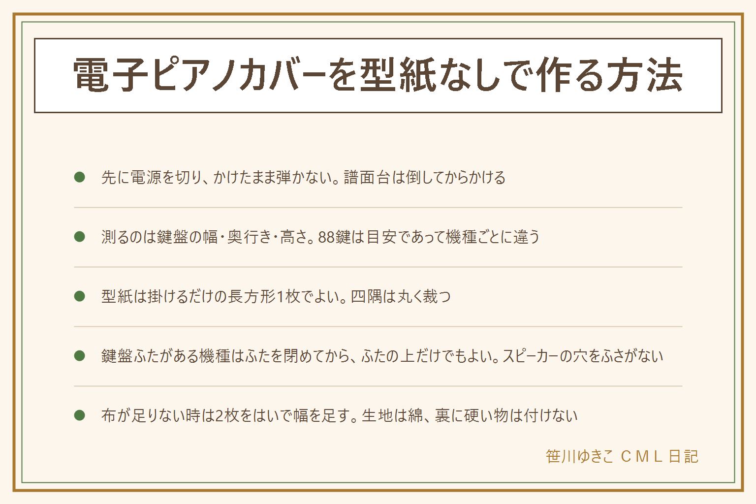 電子ピアノカバーを型紙なしで作る早見表:先に電源を切りかけたまま弾かない、譜面台を倒してから、吸気口や放熱口・コードをふさがない、綿か難燃表示の生地を選ぶ、取扱説明書を先に見る、子どもが引っ張って落ちる位置に垂らさない。測るのは鍵盤の幅・奥行き・高さ、88鍵は目安で機種ごとに違う。型紙は掛けるだけの長方形1枚、四隅は丸く裁ち四辺は三つ折り。鍵盤ふたがある機種はふたを閉めてからかける、ふたの上だけでもよい、スピーカーの穴をふさがない。布が足りない時は2枚をはいで幅を足す、無理に引っ張らない。生地は綿を選び裏に硬い物を付けない。
