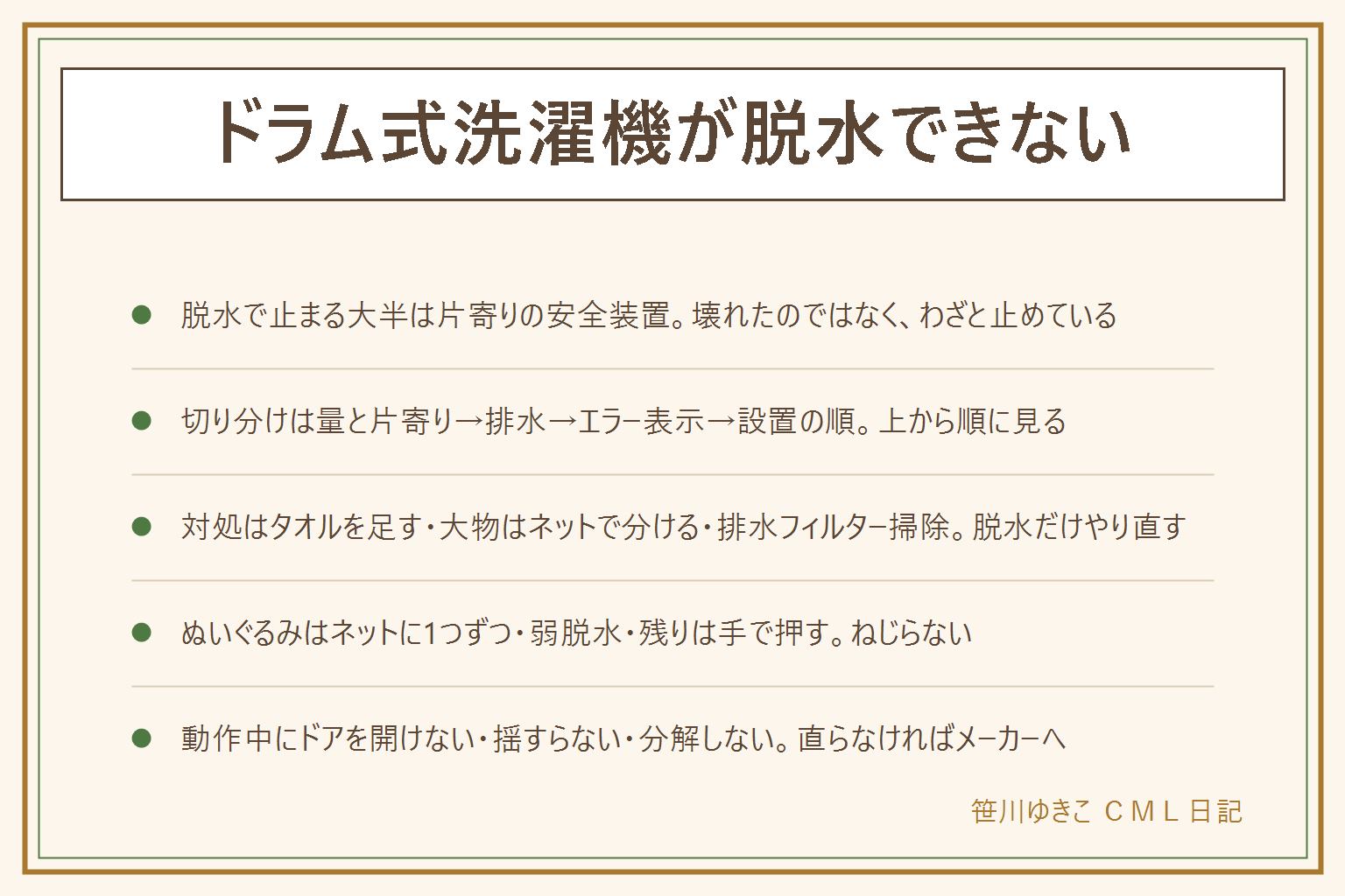 ドラム式洗濯機が脱水できない時の早見表:止まる理由の大半は片寄りで、安全装置が働いているだけで故障ではない。切り分けの順番は、洗濯物の量と片寄り(少なすぎ・大物1枚・ぬいぐるみ・ネットに入れすぎ)、排水できているか(排水フィルターの詰まり・ホースの折れ)、エラー表示の意味は説明書で、設置の傾きとガタつき。対処は、ロック解除を待ってから開けて塊をほぐす、タオルを2〜3枚足して量を整える、毛布やシーツは屏風畳みで大型ネットに、排水フィルターは電源を切って受け皿を敷いてから、やり直しは脱水のみで。ぬいぐるみは洗濯表示を見て、ネットに1つずつ、弱脱水か短時間、残りはタオルではさんで手で押す。やってはいけないのは、動作中にドアを開ける、本体を揺する・持ち上げる、分解する、脱水中に子どもが寄りかかる。全部やっても動かない・毎回同じエラー・異音や焦げ臭い匂いは使うのをやめてメーカーへ