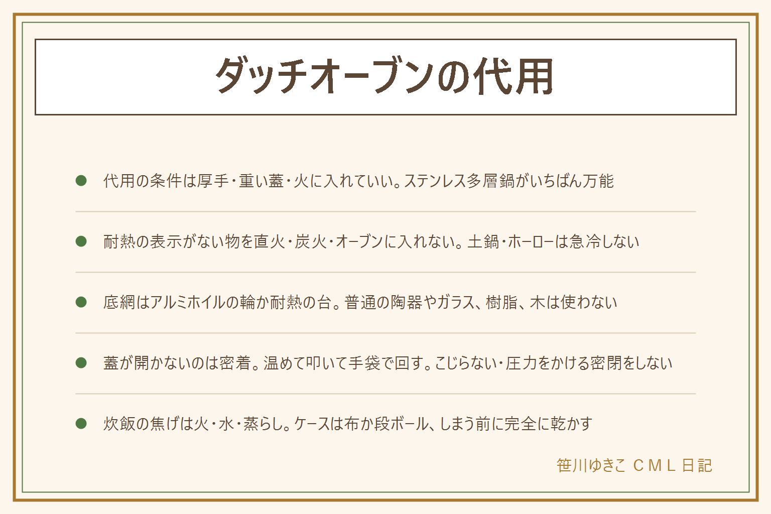 ダッチオーブンの代用の早見表:代用の条件は厚手・重い蓋・火に入れていいの3つ。厚手のステンレス多層鍋は直火も炭火もオーブンも可でいちばん万能、鋳物のホーロー鍋と土鍋は直火とオーブンは可だが炭火に直接はすすめない、圧力鍋は普通の鍋としてだけ使い圧力をかける使い方は説明書の熱源のみ、耐熱の表示がない陶器やガラスは直火に入れない、土鍋やホーローは熱いうちに冷たい水に触れさせない。底網の代用はアルミホイルを太く丸めた輪・ステンレスの蒸し台・耐熱表示のある小皿・輪切りの野菜で、樹脂や木や普通の陶器は使わない。蓋が開かない時は弱火で1〜2分温め、木べらの柄でふちを軽く叩き、厚手の手袋でずらすように回す、こじらない、蓋を固定して圧力をかけない。炊飯の焦げは沸いたら弱火・水は米の1.2倍・火を止めて10〜15分蒸らす。ケースは厚手の布か段ボールに新聞紙、しまう前に完全に乾かし鋳鉄は薄く油、重い鍋は両手で低い位置から