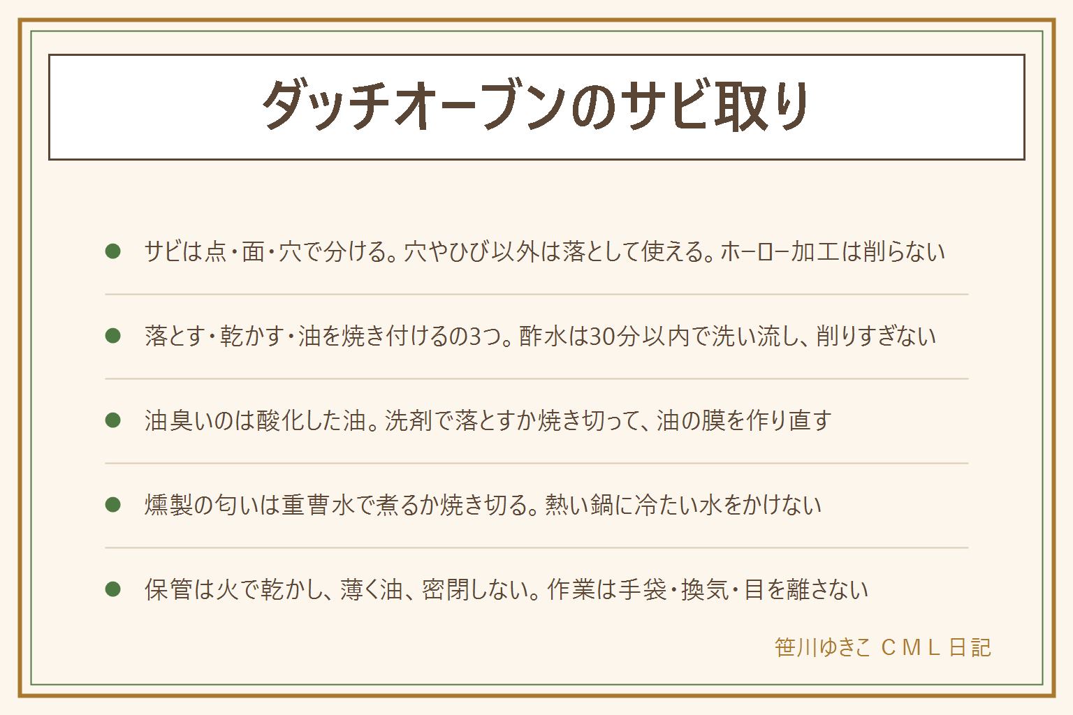 ダッチオーブンのサビ取りの早見表:まず程度を見分ける、赤茶の点はたわしでこすって油を薄く焼き付ける、広い面のサビは金属たわしかクレンザーで全面を落として油を作り直す、ぶつぶつの深いサビは平らになれば使えるが穴やひびは買い替え、ホーロー加工やステンレス製は削らない。手順は落とす・乾かす・油を焼き付けるの3つで、酢水は30分以内で必ず洗い流し削りすぎない、洗剤で洗って火にかけ水気を飛ばし厚手の手袋でやけど防止、油はごく薄く塗って弱火で煙が出るまでを2〜3回、換気して目を離さず油に火がついたら水をかけず蓋をする。古い油の臭いは酸化した油なので洗剤で落とすか焼き切って作り直す、燻製の匂いは重曹水で10分煮るか焼き切る、熱い鍋に冷たい水をかけない。保管は火で乾かし薄く油、新聞紙を挟んで蓋をずらし乾燥剤と一緒に風通しのいい低い棚へ、密閉しない