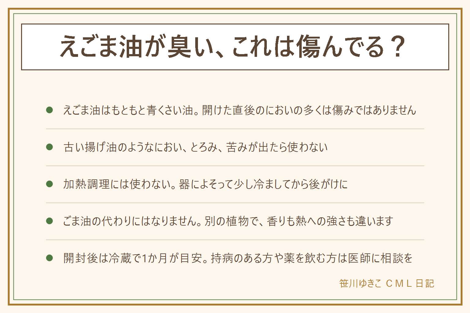 えごま油のにおいと使い方の早見表:えごま油はしそ科の植物の種から搾った油で、もともと青くさい独特の香りがあり、低温で搾ったものほど香りが強く、開けた直後のにおいの多くは傷みではありません。傷んだサインは古い揚げ油やクレヨンのようなツンとしたにおい、とろみが出て重い、はっきり苦い、喉がイガイガする、瓶の口がベタつくで、当てはまれば使わない。熱に弱いので加熱調理には使わず、炒め物や揚げ物は米油やサラダ油に任せ、味噌汁は器によそって少し冷ましてから後がけにする。ごま油の代わりにはならず、別の植物で香りも熱への強さも違う。においが気にならない食べ方は納豆、味噌汁、ヨーグルト、ドレッシング、冷奴やめかぶ。量は小さじ1くらいから。開封後は冷蔵で1か月が目安、小さい瓶を選び、開封日をふたに書いておく。持病のある方や薬を飲んでいる方は医師に相談を