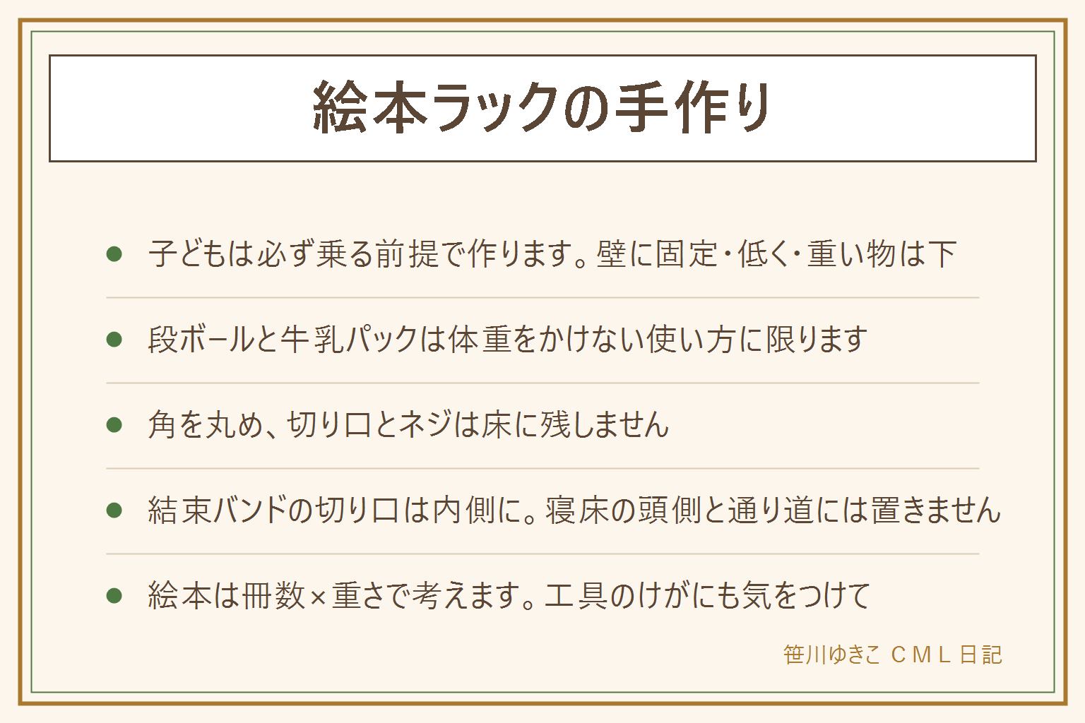 絵本ラック手作りの早見表:子どもは必ず乗る・よじ登る前提で作り、壁に固定する・低く作る・重い物は下段にするの3つが基本。材料はすのこ(切らずに組める)・カラーボックス+仕切り・段ボール(お試し用)・牛乳パック(洗って乾かす)・突っ張り棒+布から選ぶ。段ボールと牛乳パックは体重がかかる使い方をしない。すのこは角を丸め、切り口とネジや金具を床に残さない。ワイヤーネットの結束バンドは切り口を内側に。寝床の頭側と通り道には置かない。のこぎり・ドライバー・グルーガンは使用時に子どもを近づけない。絵本は冊数ではなく冊数×重さで見積もる