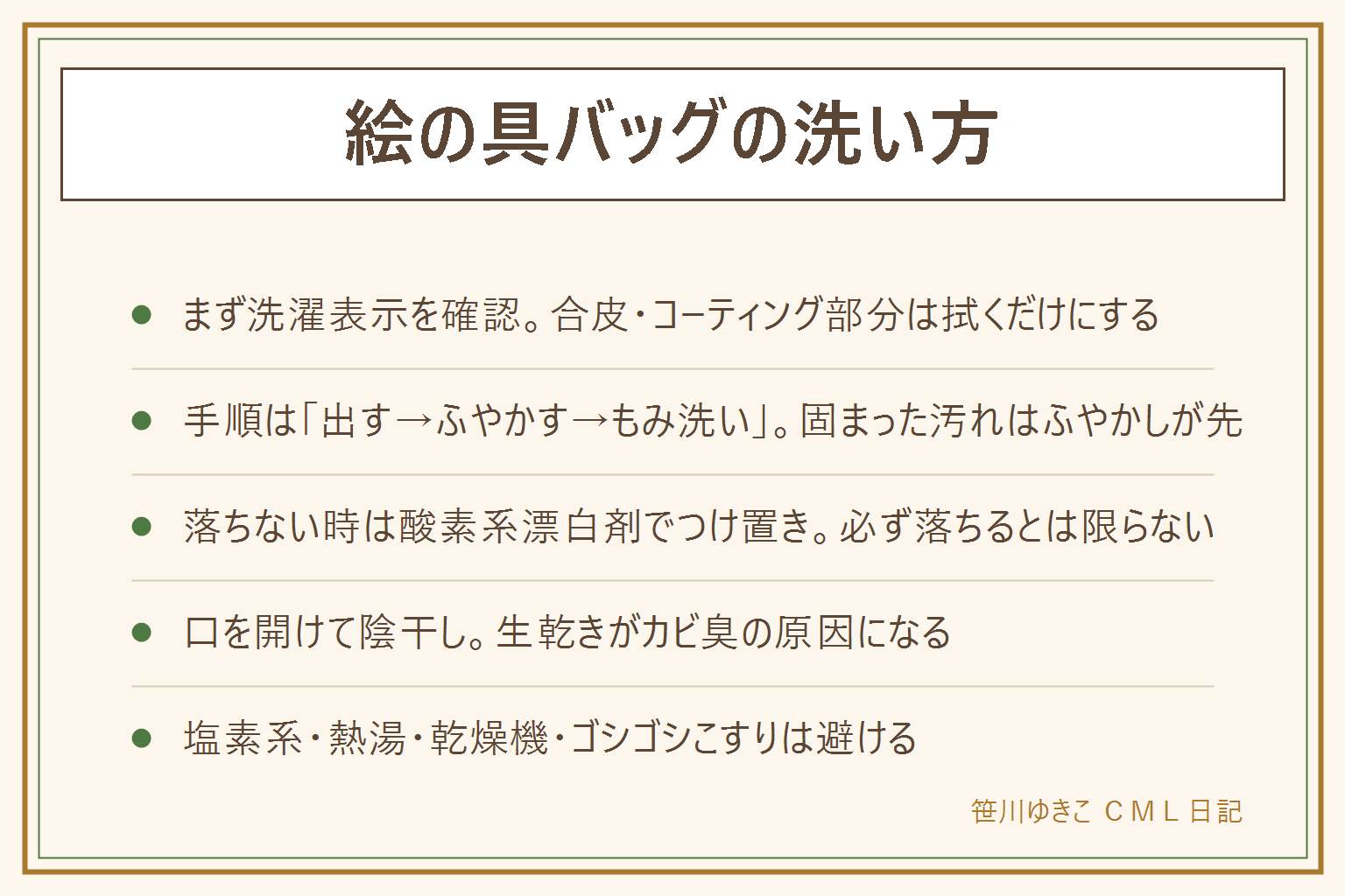 絵の具バッグの洗い方早見表。布やナイロンは洗濯表示に従って洗える、合皮やコーティング部分は拭くだけにする。洗い方は中身を全部出す、ぬるま湯でふやかす、石けんでもみ洗いしてすすぐの3ステップ。落ちない汚れは酸素系漂白剤でつけ置きするが必ず落ちるとは限らない。漂白剤は子どもの手の届かない所で保管し、塩素系と酸性の製品は絶対に混ぜない。洗った後は口を大きく開けて風通しのいい場所で陰干しし、生乾きによるカビ臭を防ぐ。塩素系漂白剤、熱湯、乾燥機、力任せにこするのは避ける。排水に絵の具を大量に流す前に拭き取ってから流す。