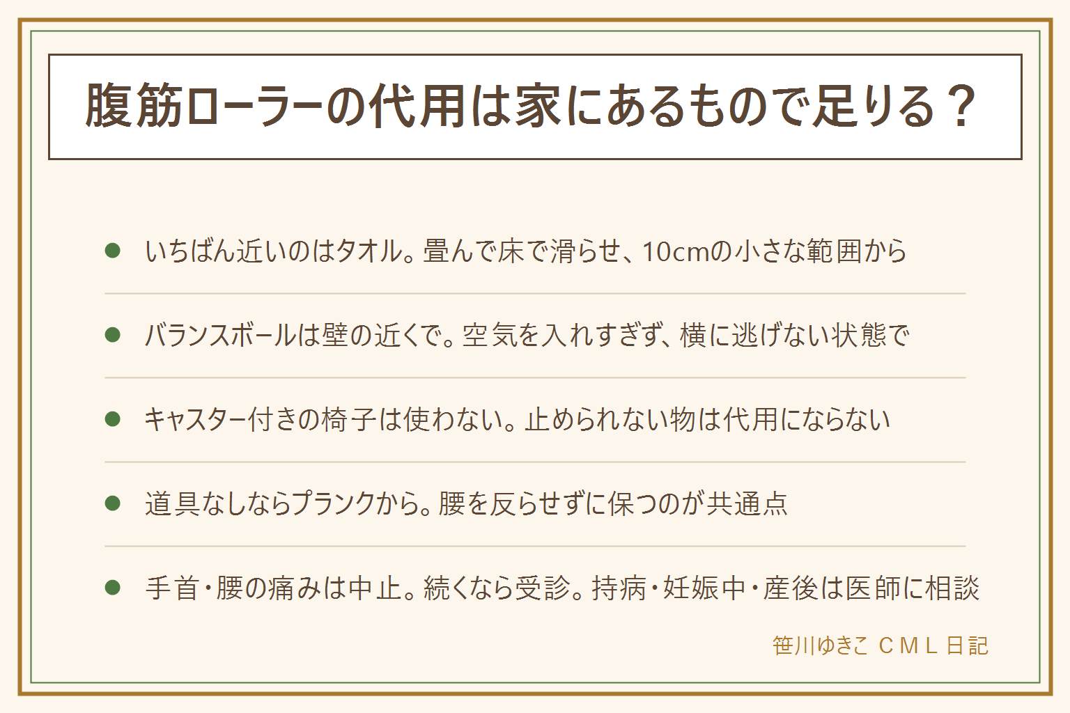 腹筋ローラーの代用の早見表:いちばん近いのは畳んだタオルを床で滑らせる方法で、膝の下に厚手のマットを敷き、膝立ちから両手を前へ滑らせて10cmの小さな範囲から、息を吐きながら戻る。バランスボールは膝立ちで前腕を乗せて前に転がし、壁の近くで空気を入れすぎずに。固定脚の椅子は軽い前傾の練習になるが別の動きで、壁に寄せて使う。キャスター付きの椅子は止められないので使わない。ワックスや濡れた床、靴下で滑る床は転倒のもとで、丸いダンベルを転がすのもすすめない。道具なしならプランク・膝つきプランク・デッドバグ・膝立ちの前傾・バードドッグで、腰を反らせずに保つのが共通点。代用の限界は手首の負担・戻れない・腰が反る・負荷の調整。痛みが出たら中止し続くなら受診、腰痛・持病・妊娠中・産後は医師に相談。買うなら幅と数・ストッパー・膝マット・静かさを見る