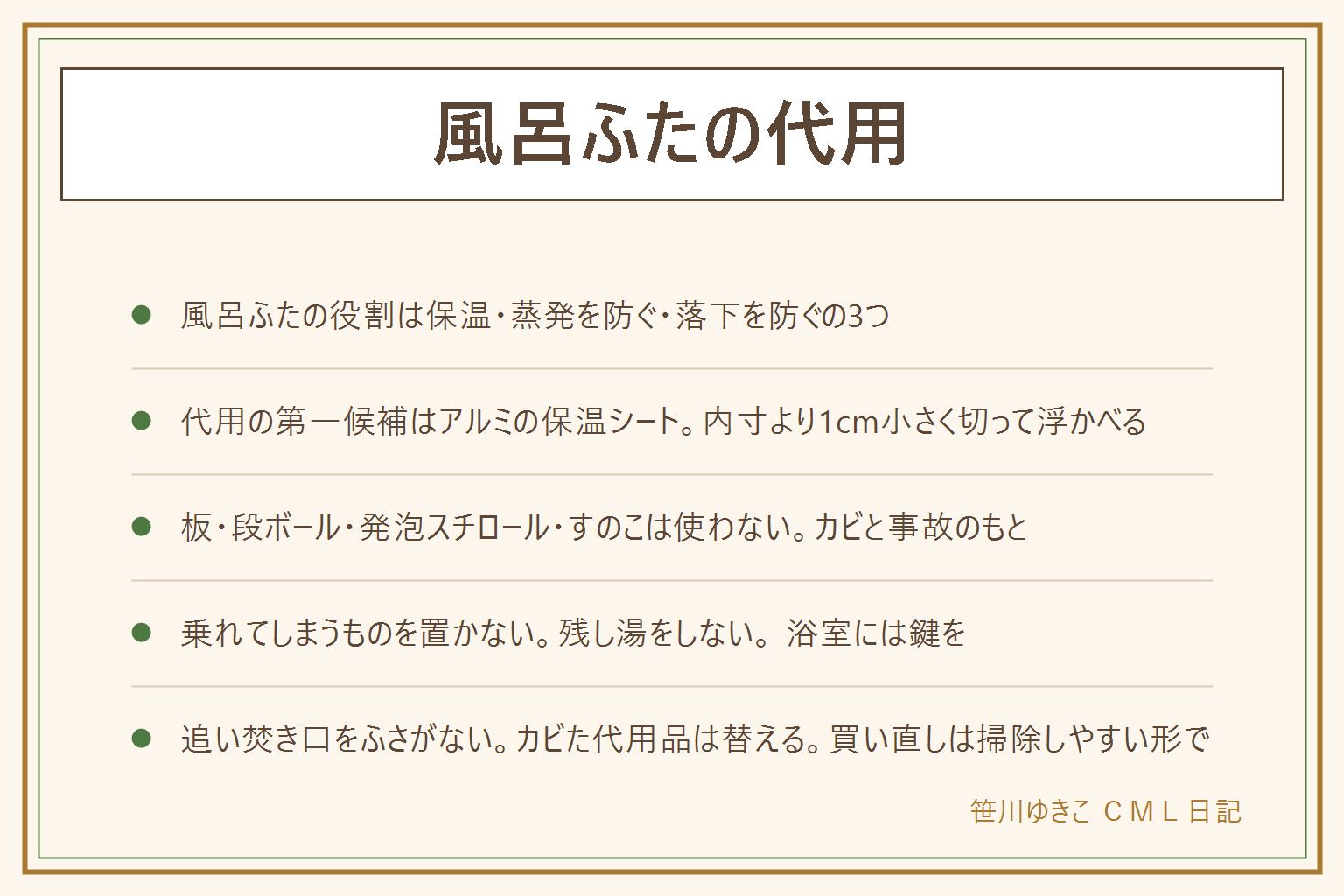 風呂ふたの代用の早見表:風呂ふたの役割は保温、蒸発を防ぐ、落下を防ぐの3つ。代用にできるのは安全な順に、アルミの保温シートを浴槽の内寸より1センチ小さく切って湯に直接浮かべる、断熱アルミマットはつなぎとして、大きめのポリ袋に空気を入れて浮かべるのはその日限り。やってはいけない代用は板やベニヤ、段ボール、発泡スチロールの断熱材、すのことタオルなど人が乗れてしまうもの全般で、理由はカビと衛生、そして子どもが乗って浴槽に落ちる事故。小さな子どもがいる家の約束は、浴槽に残し湯をしない、浴室に鍵をかける、ふちに踏み台になるものを置かない、入浴中に子どもを1人にしない。追い焚き機能がある浴槽は循環口をふさがない。手入れは使い終わったら広げて水気を拭き立てて乾かす、黒い点が出たら使い続けず取り替える。買い直す時は折りたたみ、シャッター、組み合わせの3タイプを、毎週洗える形かどうかで選ぶ