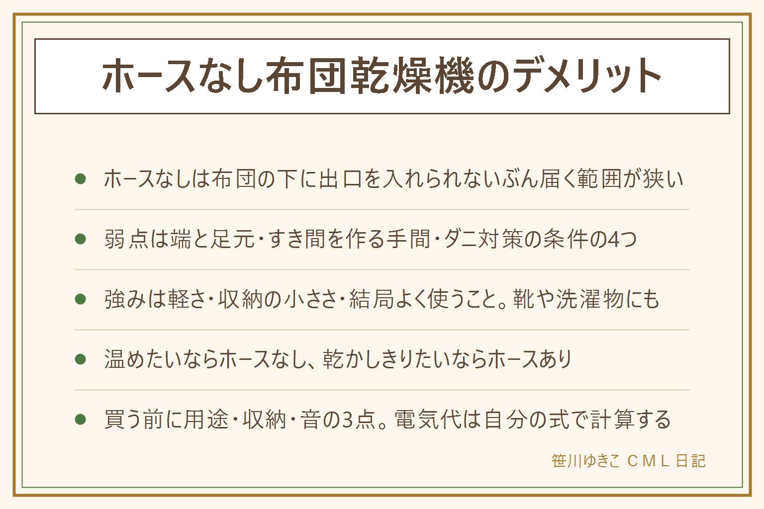 ホースなし布団乾燥機のデメリットの早見表:タイプは3つで、マットあり・ホースありは足元まで均一に温まるが準備に手間、マットなし・ホースありは布団の中に温風を入れられて手軽、マットもホースもないタイプは準備がほぼゼロだが温風の出口が本体にある。ホースなしの弱点は温風の届く範囲が狭い、端や足元が乾きにくい、布団を持ち上げてすき間を作る手間、ダニ対策の温度と時間を満たしにくい機種がある。メリットは軽い、出し入れが楽で結局よく使う、収納が小さい、洗濯物や靴や脱衣所に使いやすい。向く家はひとり分、毎日は使わない、収納が狭い、布団以外にも使いたい家。向かない家は家族分をまとめてかけたい、ダニ対策が主な目的、厚い布団、足元の湿気が悩みの家。ダニ対策で使うなら説明書の温度と時間のとおりに、終わったら掃除機をかける。買う前に見るのは用途と収納と音の3点。布団を密閉して高温にしすぎない、目を離さない、吸気口をふさがない、子どもやペットが中に入らないように