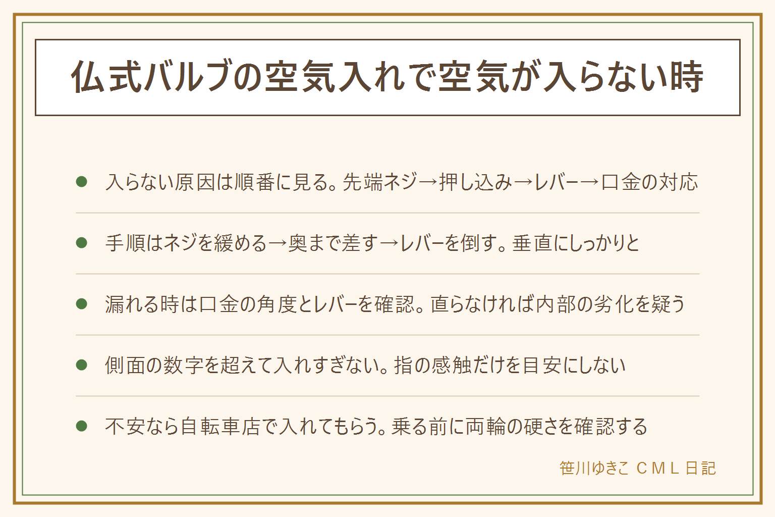 仏式バルブの空気入れが入らない時の早見表:原因は先端ネジが締まっている・押し込み不足・レバーの向き違い・口金が仏式非対応の順に見る。正しい入れ方はネジを指で反時計回りに緩める、口金を垂直に奥まで差し込む、レバー式なら根元までしっかり倒す、まっすぐポンプを押す。シューッと漏れる時は口金の角度とレバーを直し、それでも漏れるならバルブ内部の劣化を疑い自転車店に相談する。空気圧はタイヤ側面の数字とゲージで確認し、指の硬さだけを目安にしすぎない、限界を超えて入れすぎない。自分でやるのが不安な時は自転車店で入れてもらう選択肢もある、乗る前に両輪の硬さを確認する習慣をつける