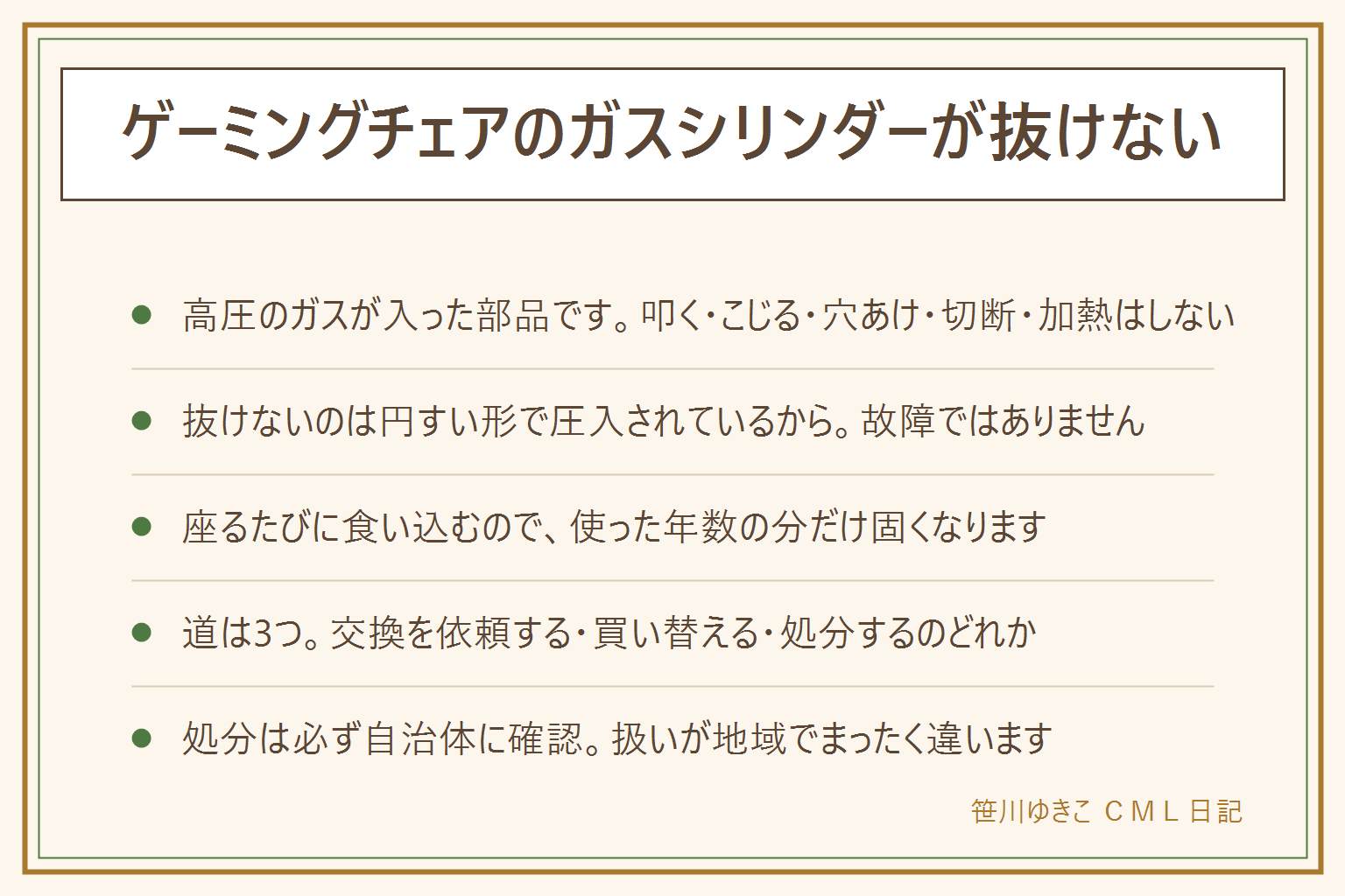 ゲーミングチェアのガスシリンダーが抜けない時の早見表:抜けない理由は円すい形で圧入されている構造で、ネジもピンも使わず、座るたびに食い込み、年数の分だけ固くなり、錆や汚れも加わるため、抜けないのは故障ではない。やってはいけないのは穴を開ける、切断する、火であぶる、強く叩く、潤滑剤を吹いてこじるの5つで、高圧のガスと油が噴き出し部品が飛ぶ危険がある。取るべき道は3つで、交換を販売店やメーカーに依頼する、椅子ごと買い替える、処分は自治体に扱いを確認する。座面が沈む・上がらない・油がにじむのも寿命のサインだが自分で分解しない。作業する場面では保護めがねと手袋、子どもとペットは近づけない