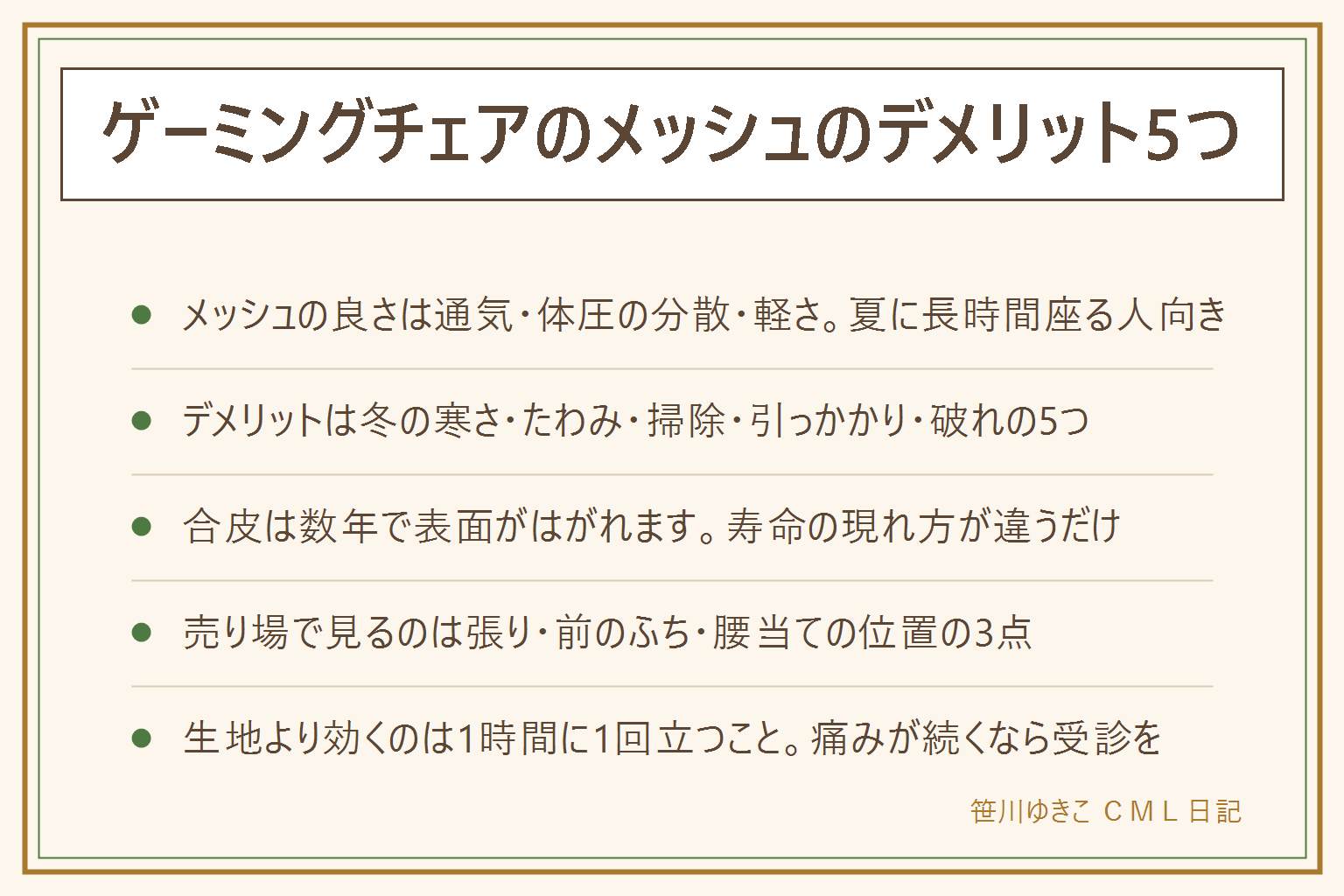 ゲーミングチェアのメッシュのデメリットの早見表:メッシュの良さは風が通って蒸れにくい、体圧が分散する、軽くて動かしやすい、見た目が軽やか。デメリットは5つで、冬は背中が寒い、生地が伸びてたわむと支えが落ちる、編み目にほこりと髪が入って掃除しにくい、ニットなどが引っかかり毛玉ができる、破れると部分補修が難しい。合皮は拭くだけで掃除が済み冬も風を通さないが、数年で表面がひび割れてはがれ黒い粉が落ちる。布は暖かいがしみに弱い。向く人は汗をかきやすい人や夏に長時間座る人、向かない人は寒がりの人やペットの毛が多い家庭。売り場では張りの強さ、座面の前のふちが太ももに当たらないか、腰の支えの位置が背中のくぼみに合うかの3点を確かめる。耐荷重を超えて使わない。どの生地でも1時間に1回は立ち、痛みやしびれが続く時は医療機関へ