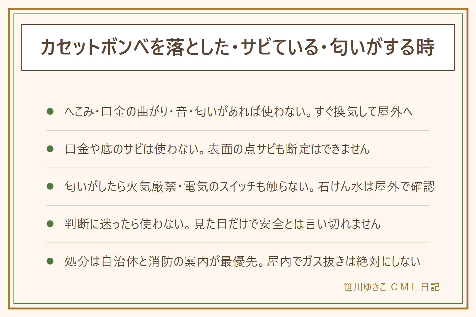 カセットボンベを落とした・サビている・匂いがする時の早見表:へこみ・口金の曲がり・シューという音・匂いのどれかがあれば使わずすぐに換気して屋外の安全な場所へ置く。サビは表面の点サビと浮きサビ・穴・口金や底のサビで考え方が違い、口金や底のサビは使わない。ガスの匂いは付臭剤によるもので漏れのサインの可能性があり、確認は屋外で石けん水を使い電気のスイッチやコンセントは触らない。見た目だけで使えるかを判断するのは難しいため迷ったら使わない。中身が入ったままの処分は自治体と消防の案内が最優先で屋内でガスを抜くことは絶対にしない