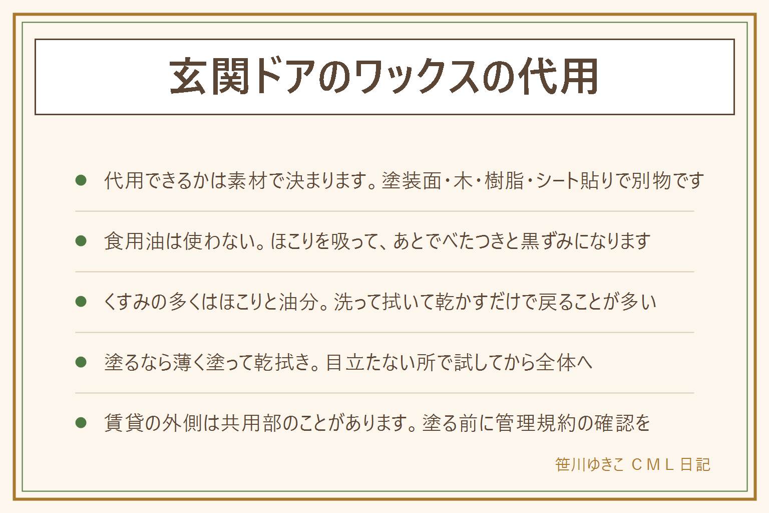 玄関ドアのワックスの代用の早見表:まずドアの素材を確かめる。アルミやスチールの塗装面は車用ワックスが使えることがあり、木製は木部用のオイルやワニス、樹脂とシート貼りは水拭きだけにとどめる。どれも必ず目立たない所で試してから。使ってはいけないのはオリーブオイルなどの食用油、研磨剤入りの洗剤、メラミンスポンジ、アルコールの多用、強い溶剤、そしてゴムのパッキンへの油やスプレー。直射日光の下や熱くなった面での作業も避ける。手順は上から下へほこりを払い、ぬるま湯に中性洗剤を数滴溶かして固く絞った布で拭き、水拭きで洗剤を残さず、乾いた布で乾拭きしてから完全に乾かし、必要なときだけ薄く塗って乾拭きで仕上げる。これだけで艶が戻ることが多い。頻度は年1回から2回、西日の当たる面や海の近くや交通量の多い道路沿いは多め。賃貸は玄関ドアの外側が共用部の扱いのことがあるので管理規約を確認し、サビや塗装のはがれは管理会社か業者へ相談する