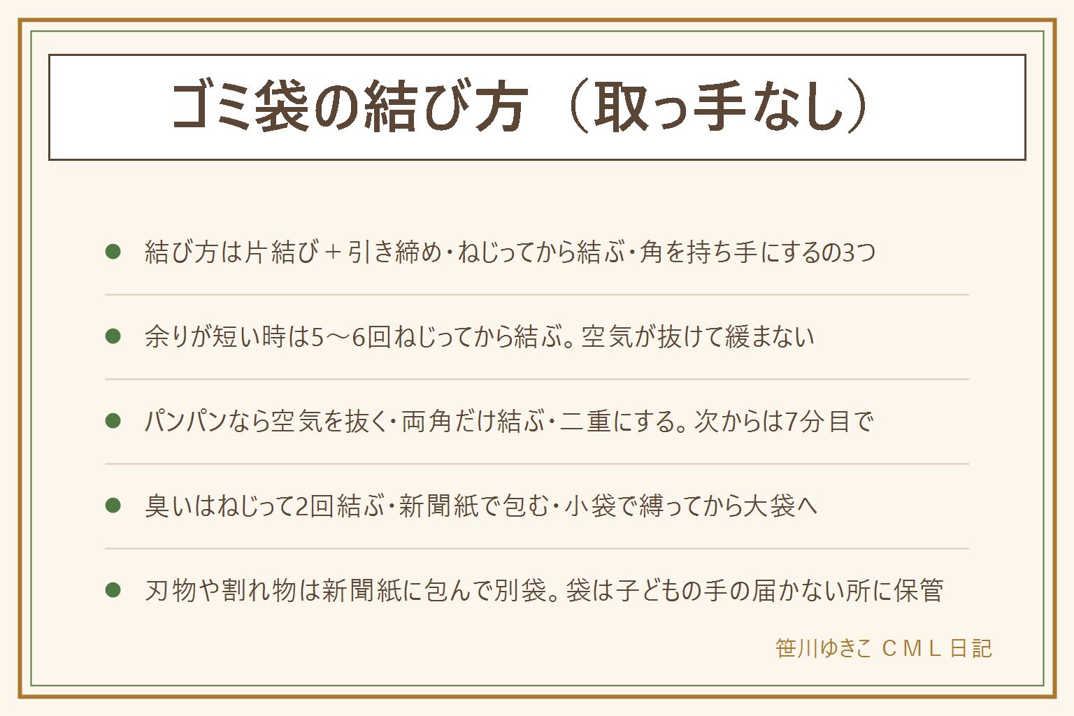取っ手なしのゴミ袋の結び方の早見表:結び方は3つ。片結び1回+引き締めは、口を集めてひと結びし、結び目を持って袋の胴を下へ押すと締まる。ねじってから結ぶは、口を集めて同じ方向に5〜6回ねじり、そのまま結ぶと空気が抜けて緩まない、余りが短い時と臭い対策に。角を持ち手にするは、口を二つに分けてそれぞれねじり、2本を固結びすると取っ手付きと同じ形になり運びやすい。パンパンで縛れない時は空気を抜く、口の両角だけ結ぶ、袋を二重にする、7分目で小分け。臭い漏れはねじって2回結ぶ、生ごみは新聞紙で包む、小袋で縛ってから大袋へ、夏は冷凍。たたみ方は三角、四角、スタンドに重ねて掛けたまま補充。刃物や割れ物は新聞紙に包んで別袋に、袋を子どもの頭にかぶせない、手の届かない所に保管