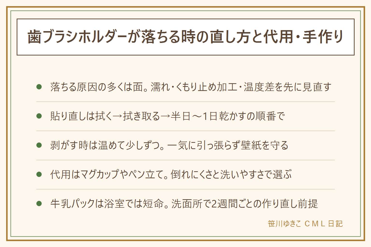 歯ブラシホルダーが落ちる時の直し方の早見表:落ちる原因の多くは面と温度差にある。濡れたまま貼った、くもり止め加工の鏡、朝と夜の温度差が重なると外れやすい。貼り直しは洗剤で油分を落とし、乾いた布で水気を拭き取り、半日から1日乾かしてから貼る。剥がす時は粘着は温めて糸でこそぐ、吸盤は端から空気を入れる、どちらも少しずつ引く。買わずに代用するならマグカップやペン立て、ジャムの空き瓶を倒れにくさと洗いやすさで選ぶ。牛乳パックで作る時は上部を切って底に穴を開ける、水に弱いので浴室ではなく洗面所に置き2週間ごとに作り直す前提で。吸盤・マグネットは重い物やガラス製を任せず、子どもの頭上を避け、賃貸の粘着は貼ってはがせる表示の物を選ぶ。