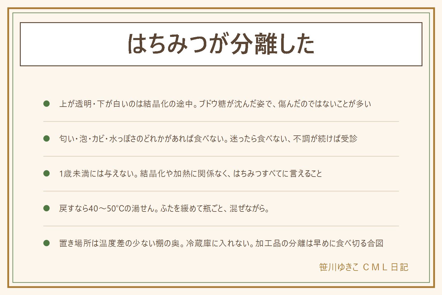 はちみつが分離した時の早見表:上が透明で下が白く沈むのはブドウ糖の結晶化が途中で止まった姿で、傷んだのではないことが多い。食べる前に匂い(酸っぱい・お酒のよう)、泡(開けた時の音・瓶の膨らみ)、カビ(黒や緑の点・ふわふわ)、水っぽさの4つを確かめ、どれか1つでもあれば食べない。迷ったら食べない、不調が続けば受診。1歳未満の赤ちゃんには結晶化や加熱に関係なく与えない。戻すなら40〜50℃のぬるま湯にふたを緩めて瓶ごとつけ、時々混ぜて10〜20分。電子レンジは局所加熱でムラとやけどの元。使う前に全体を混ぜる。置き場所は温度差の少ない食器棚の奥やパントリーで、冷蔵庫・コンロ横・窓辺・冬の玄関は避ける。はちみつレモンなど加工品の分離は水分が出て薄まった別の仕組みで、日持ちしないので冷蔵して早めに食べ切る