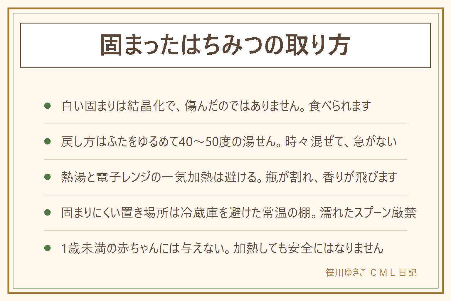 固まったはちみつの取り方の早見表:白い固まりはブドウ糖が粒になる結晶化で、15度前後で起きやすく、傷んだわけではないのでそのまま食べられる。戻す手順はふたをゆるめ、40から50度のぬるま湯を瓶の肩まで用意し、15分から30分つけて時々スプーンで混ぜ、お湯を取り替えながら急がずに戻す。やってはいけないのは熱湯をかける、冷蔵庫から出してすぐ温める、鍋に直接入れて火にかける、電子レンジで一気に加熱すること。瓶が割れたり香りが飛んだりする。固まりにくい置き方は冷蔵庫と15度以下を避け、直射日光の当たらない常温の棚に置き、濡れたスプーンを入れず、使ったら口を拭いてふたを閉める。1歳未満の赤ちゃんには加熱してもはちみつを与えない