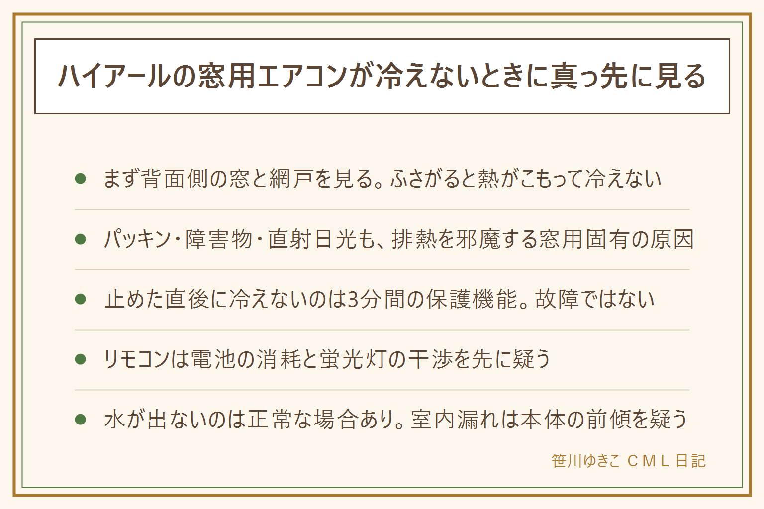 窓用エアコンが冷えないときの早見表:窓用固有の原因は背面側の窓や網戸が閉まったまま、すきまパッキンが排気口をふさいでいる、背面のすぐ後ろに障害物や洗濯物がある、背面に直射日光が当たっている。共通の原因はフィルターの目詰まり、送風モードや弱風、部屋の窓やドアの開放、熱源の増加、室内側への直射日光、吸込口や吹出口のふさがり、部屋の広さと能力の不一致、停止直後の3分間の保護機能で故障ではないこと。リモコンが効かないときは電池の消耗で表示が薄くなることと蛍光灯の干渉を疑い、本体の応急運転ボタンを使う。買い直すには本体の型番が必要。水が出てこないのは排熱に使う設計で正常なことがあり、室内に漏れる場合は本体が手前に傾いていないかを最初に見る。作業前に電源プラグを抜き、本体を開けての分解や部品交換はしない