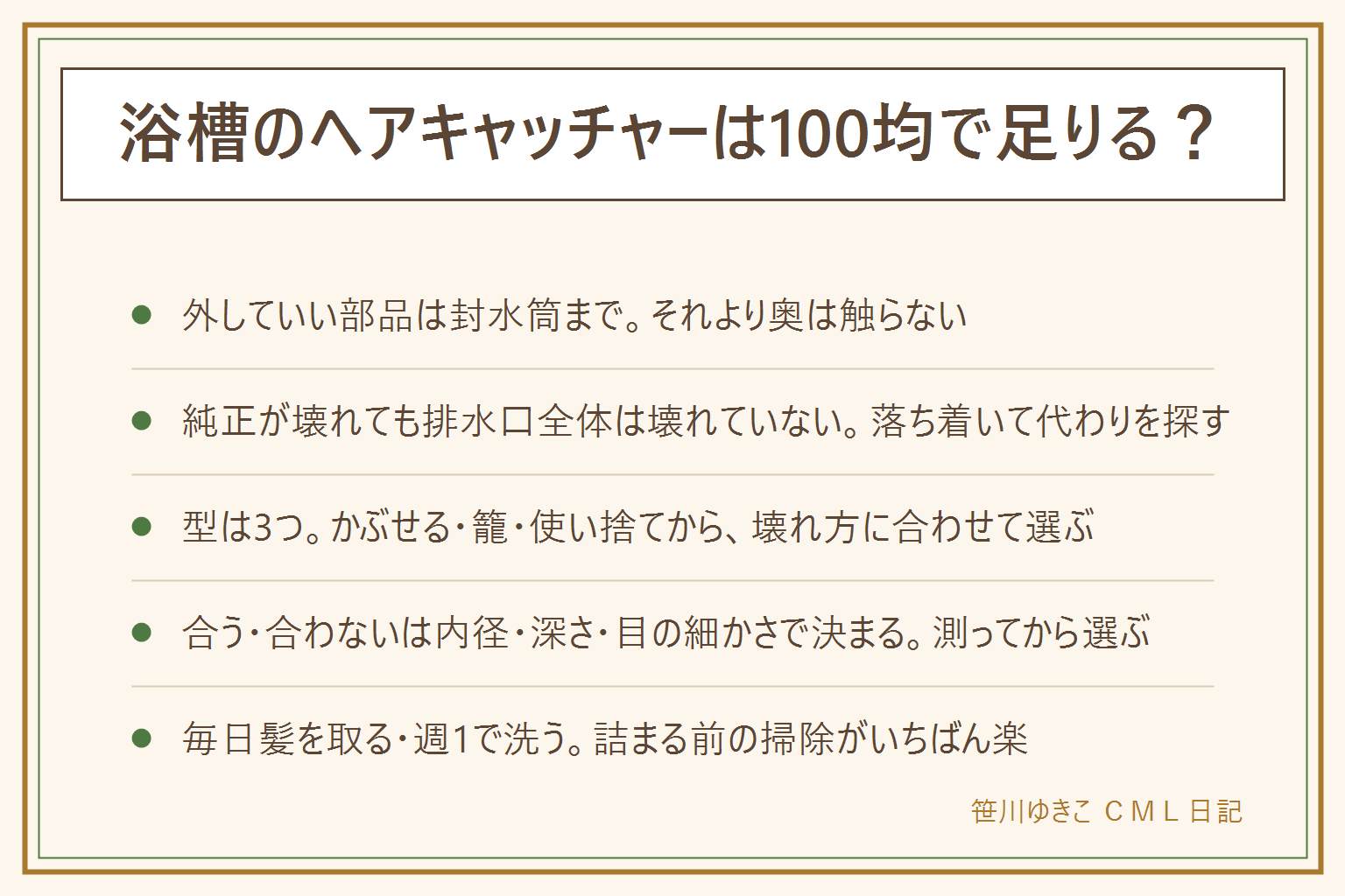 浴槽のヘアキャッチャー100均で足りるかの早見表:先に安全、外していい部品は封水筒まで、金属の縁で指を切らない、塩素系と酸性を混ぜない。純正が壊れても排水口全体は壊れていない。型はかぶせる型、置く籠型、貼る使い捨てシートの3つ。合う合わないは内径、深さ、目の細かさで判断する。洗面台はポップアップ栓の下に入れる小さな籠型が多い。毎日髪を取り週1で外して洗うと詰まりを予防できる