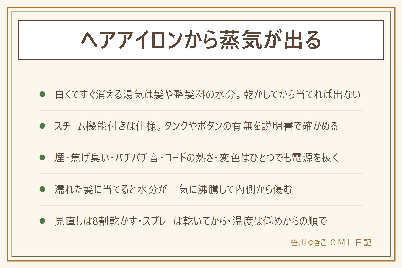 ヘアアイロンから蒸気が出た時の早見表:白くてすぐ消える湯気は髪や整髪料の水分で、半乾き・スプレー直後・湿気の多い日に出やすく、乾かしてから当てれば出ない。スチーム機能付きは仕様なのでタンクやボタンの有無を説明書で確認。髪を離しても出続ける、焦げ臭い、パチパチ音、コードの根元が熱い、変色・変形があれば煙のサインで、ひとつでも電源を抜いて使わない。濡れた髪に当てると水分が一気に沸騰して内側から傷む。使い方の見直しは8割まで乾かす、スプレーは乾いてから、温度は低めから、同じ所に止めない、毎回冷めてから拭く。濡れた手で触らない、熱いうちは耐熱面に置く、子どもの手の届かない所へ、やけどは流水で冷やし水ぶくれや広範囲なら受診
