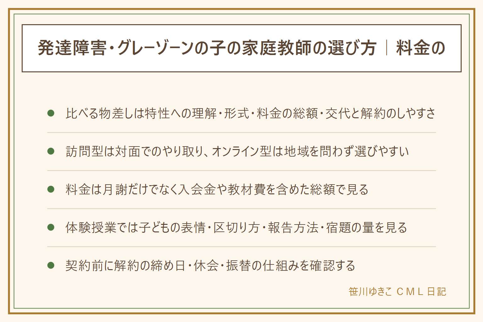 発達障害・グレーゾーンの子の家庭教師の選び方早見表:比べる物差しは特性への理解・形式(訪問かオンラインか)・料金の総額・先生の交代と解約のしやすさ。訪問型は先生が家に来て対面、オンライン型は画面越しに1対1で地域を問わない。料金は月謝×回数に入会金・教材費を足した総額で見る。体験授業では子どもの表情・区切り方・報告方法・宿題の量を確認。契約前に解約の締め日・休会・振替を確認。相談先は担任・特別支援教育コーディネーター・スクールカウンセラー・発達障害者支援センター。