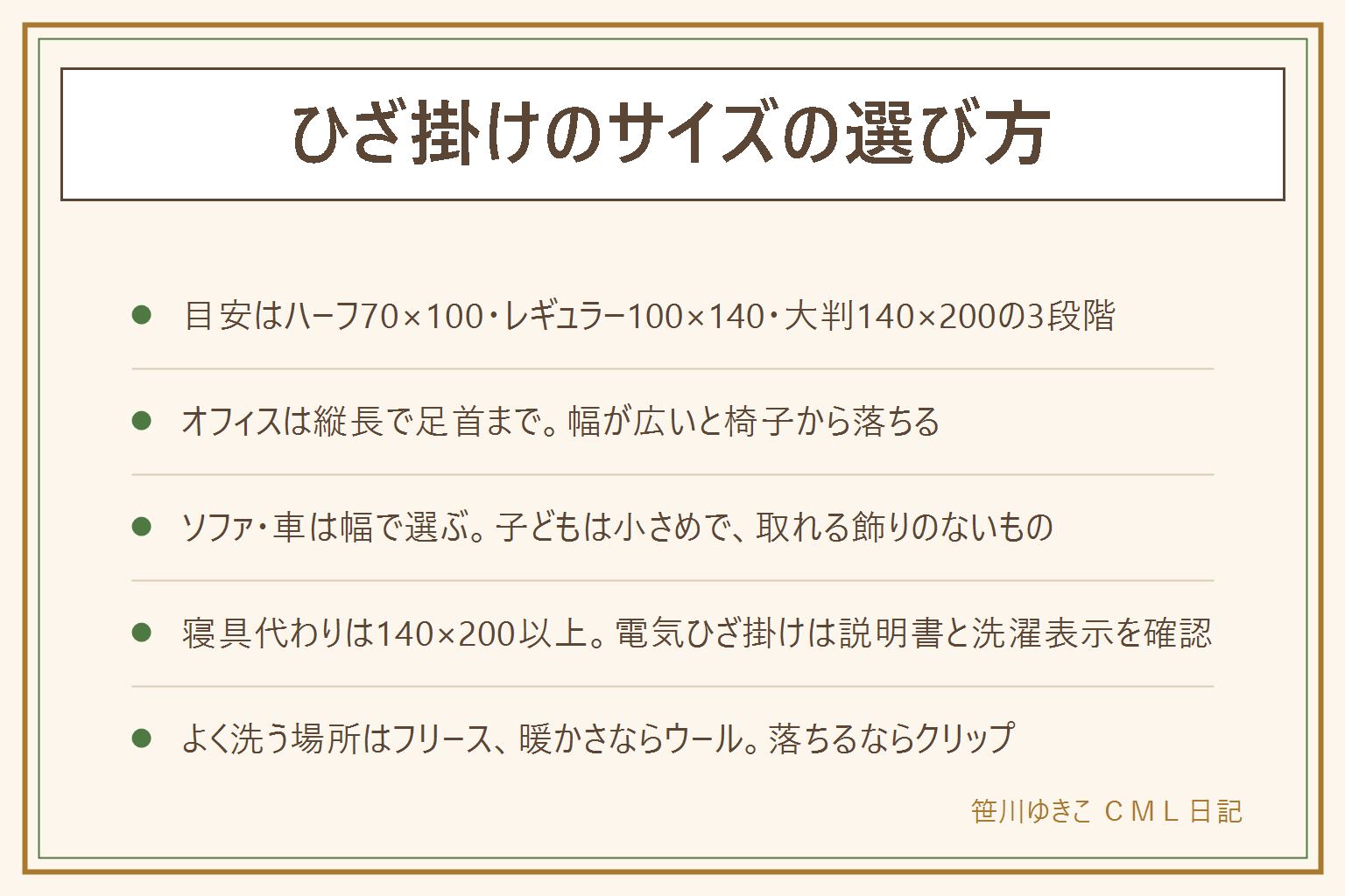 ひざ掛けのサイズの選び方の早見表:目安はハーフ約70×100cm、レギュラー約100×140cm、大判約140×200cmの3段階。オフィスは足首まで届く縦長で幅は70cmくらい、ソファは1人なら100×140で2人なら140×200の幅重視、車は座席の幅に合わせて小さめ、小学生は70×100前後で引きずらない長さ、ベビーは顔にかからない軽さで取れる飾りのないもの、寝具代わりは140×200以上。素材はフリースが軽くて洗える、マイクロファイバーはふわふわ、ウールは暖かく静電気が少ない。ずり落ちはブランケットクリップかボタン付き。電気ひざ掛けは取扱説明書と洗濯表示に従い、ストーブに近づけない