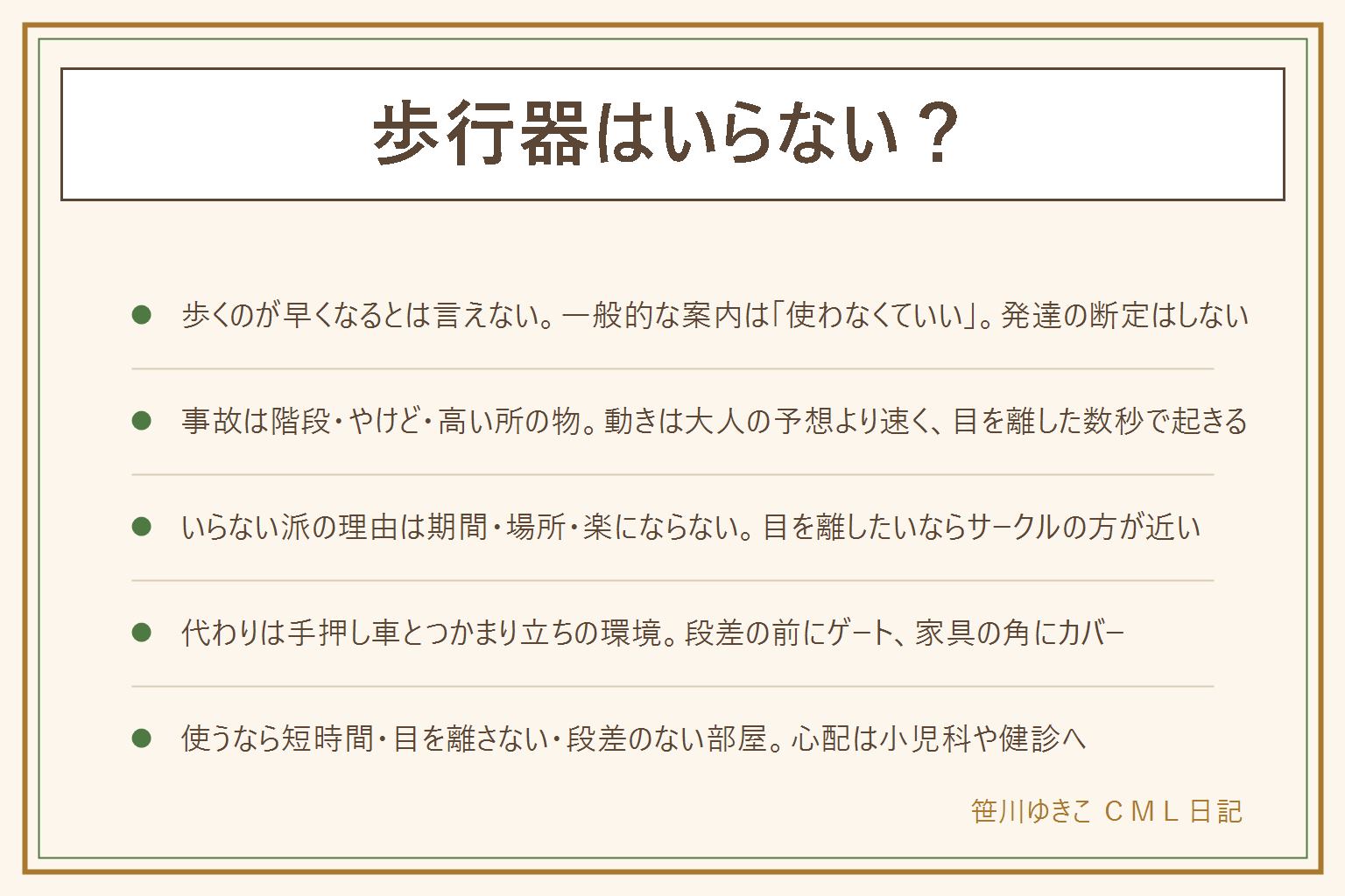 歩行器はいらない?の早見表:歩くのが早くなるとは言えず、小児科や公的機関の一般的な案内は使わなくていい・事故が多いので使わない方がいいという方向で、販売を禁じる国もある。使うと遅れるとも断定せず、心配は小児科や健診へ。事故は階段や玄関の段差からの転落、ストーブや鍋・ポットのコードによるやけど、テーブルの上の刃物や薬に手が届く、段差やコードでひっくり返る。いらない派の理由は使える期間が短い、場所を取る、楽にならない。代わりは倒れない家具でのつかまり立ち、自分で押す手押し車、ベビーサークル、階段の前にゲート。使うなら目を離さず短時間、段差も階段もない部屋だけ、キッチンや暖房のそばに入れない、両足の裏が床につく高さ、古い物や壊れた物は使わない