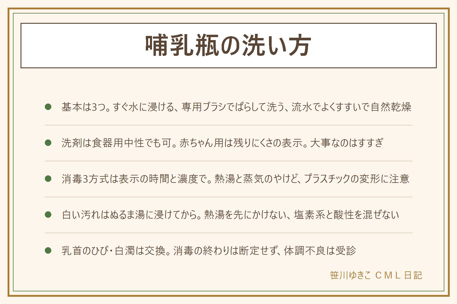 哺乳瓶の洗い方の早見表:基本は3つ、飲み終わったらすぐ水に浸ける、パーツをばらして瓶はボトルブラシ・乳首は裏返さず乳首ブラシ・ねじ山と溝も洗う、流水でよくすすいで逆さにして自然乾燥。洗剤は食器用中性でも洗え、赤ちゃん用は残りにくさの表示、大事なのはすすぎ。消毒は煮沸・薬液・電子レンジの3方式で、時間と濃度は製品の表示どおり、熱湯と蒸気のやけど、プラスチックは変形に注意。白い汚れはミルクのたんぱく質なので熱湯を先にかけずぬるま湯に浸けてブラシ、重曹は表示どおり、塩素系と酸性を混ぜない。乳首の新品のゴム臭は煮沸で抜け、ひび・白濁・ベタつきは交換。消毒をいつまで続けるかは一般的な目安はあるが小児科の案内を優先し、体調不良は受診