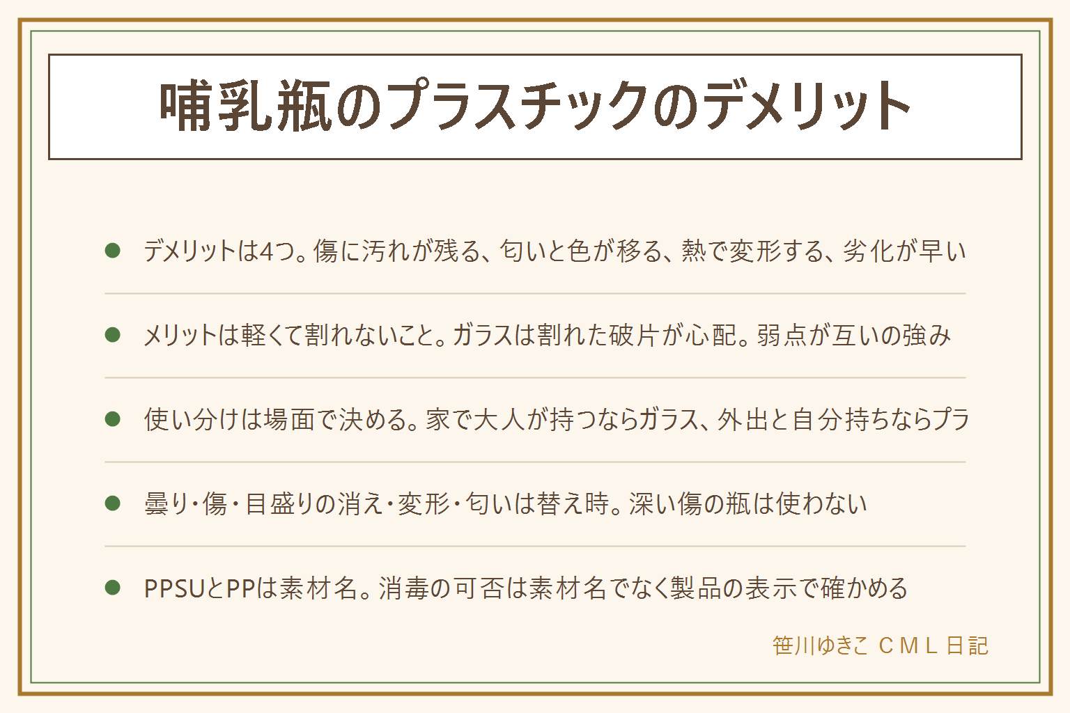哺乳瓶のプラスチックのデメリットの早見表:デメリットは4つ、ブラシの細かい傷にミルクの汚れが入り白く曇る、ミルクや果汁や洗剤の匂いと色が移る、煮沸や電子レンジで変形することがあり可否は瓶の表示、毎日の消毒で劣化が早く消耗品と考える。メリットは軽くて割れないこと、ガラスは傷と匂いに強いが重くて割れると破片が散る。使い分けは家で大人が持つならガラス、外出・帰省・赤ちゃんが自分で持つ時はプラスチック、果汁やお茶はガラス。買い替えのサインは洗っても曇る、内側の傷、目盛りの消え、口の変形、取れない匂い、乳首のひび・白濁。PPSUは耐熱が高めで傷に強め、PPは軽くて手に入りやすいが傷が出やすい、消毒の可否は素材名でなく製品の表示で確かめる。体調不良は受診