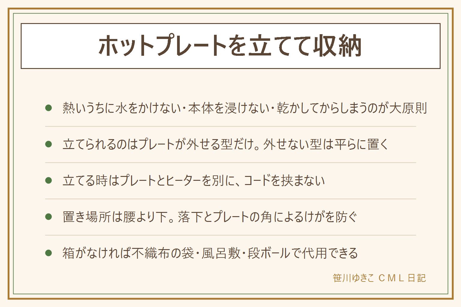 ホットプレートを立てて収納する早見表:先に安全、熱いうちに水をかけない・本体を浸けない・乾かしてからしまう、プレートを外せる型は外して乾かしてから立てる、立てる時はプレートとヒーターを別に・コードを挟まない、腰より下に置く。立てていいかはプレートが外せる型かどうかで決まる。支えはブックエンド・ファイルボックス・すのこの溝の3つ。箱がない時は不織布の袋・大判の風呂敷・段ボールで代用できる。ほこりと匂い移りは完全に乾かしてから通気性のある場所へ、たこ焼きプレートなど付属品は本体と別の場所に分ける