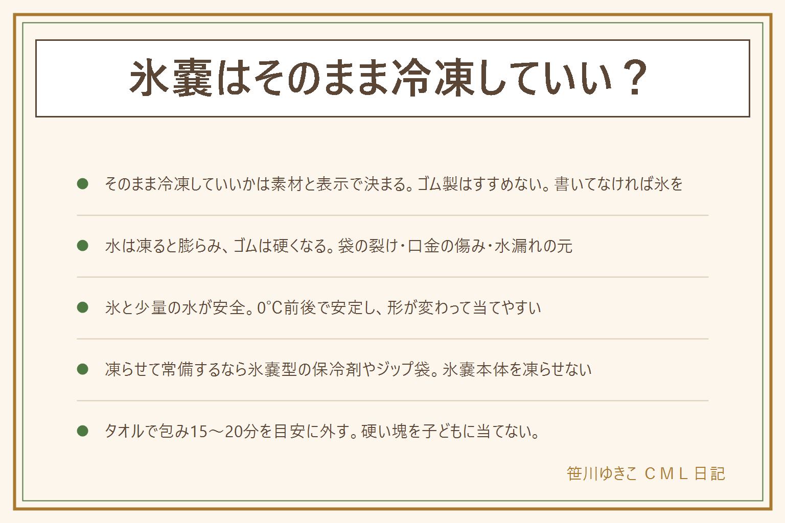 氷嚢をそのまま冷凍していいかの早見表:答えは素材と表示で変わる。ゴム製は低温で硬くなりひびが入るので基本すすめない、布製とシリコン製は冷凍可の表示があれば可、氷嚢型の保冷剤は凍らせる前提。そのまま凍らせると、水が膨らんで袋や口金が傷み破裂に近い壊れ方をすることも、ゴムのひびは常温に戻ってから水漏れになる、パッキンの密閉が落ちる。氷を入れる方が安全な理由は、0℃前後で温度が安定し、形が体に沿い、当てやすく、氷嚢を傷めない。凍らせて常備するなら氷嚢型の保冷剤・柔らかい保冷剤・ジップ袋に氷と少量の水・ジップ袋の水を平らに冷凍。当て方はタオルで包んで直接肌に当てない、15〜20分を目安に外す、寝ている人に当てっぱなしにしない、硬い塊を子どもに当てない、乳児は短時間。痛みが強い・腫れが引かない・熱が続く・ぐったりは受診、夜間は#8000へ。保管は空にして口を開けて乾かし直射日光を避け、ひびの入った物は使わない