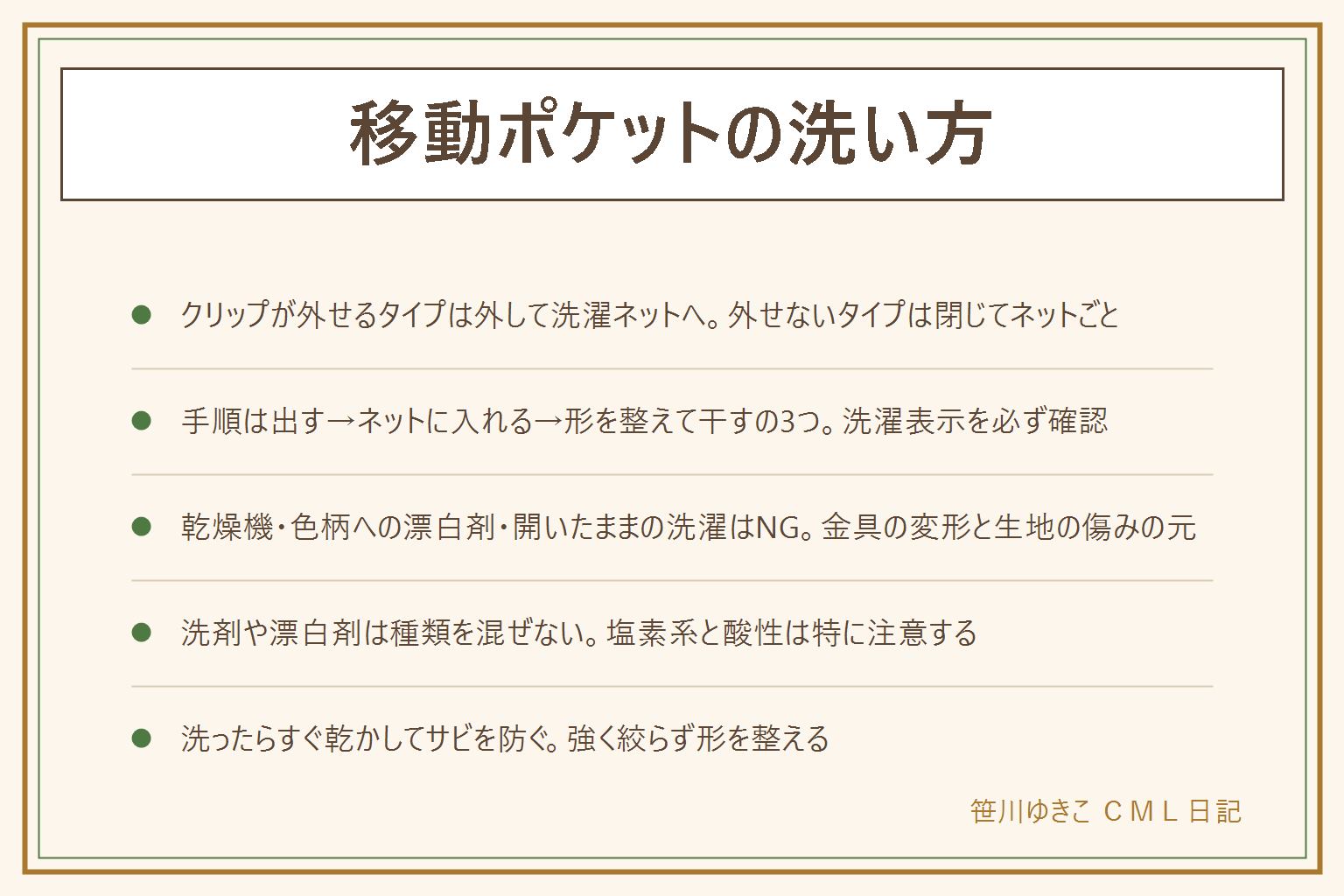 移動ポケットの洗い方の早見表:クリップが外せるタイプは外して洗濯ネットへ、外せないタイプは閉じたままネットに入れて手洗いに近く、どちらも洗濯表示を先に確認する。手順は中身を出す、目の細かい洗濯ネットに入れる、形を整えて陰干しか風通しの良い場所で乾かすの3つ。乾燥機にかける、色柄物に塩素系漂白剤を使う、クリップを開いたまま洗う、ネットに入れずそのまま洗うはNG、洗剤や漂白剤は種類を混ぜない。洗ったらすぐ乾かして金具のサビを防ぎ、強く絞らず型崩れを防ぐ、クリップの開け閉めは指を挟まないよう注意する