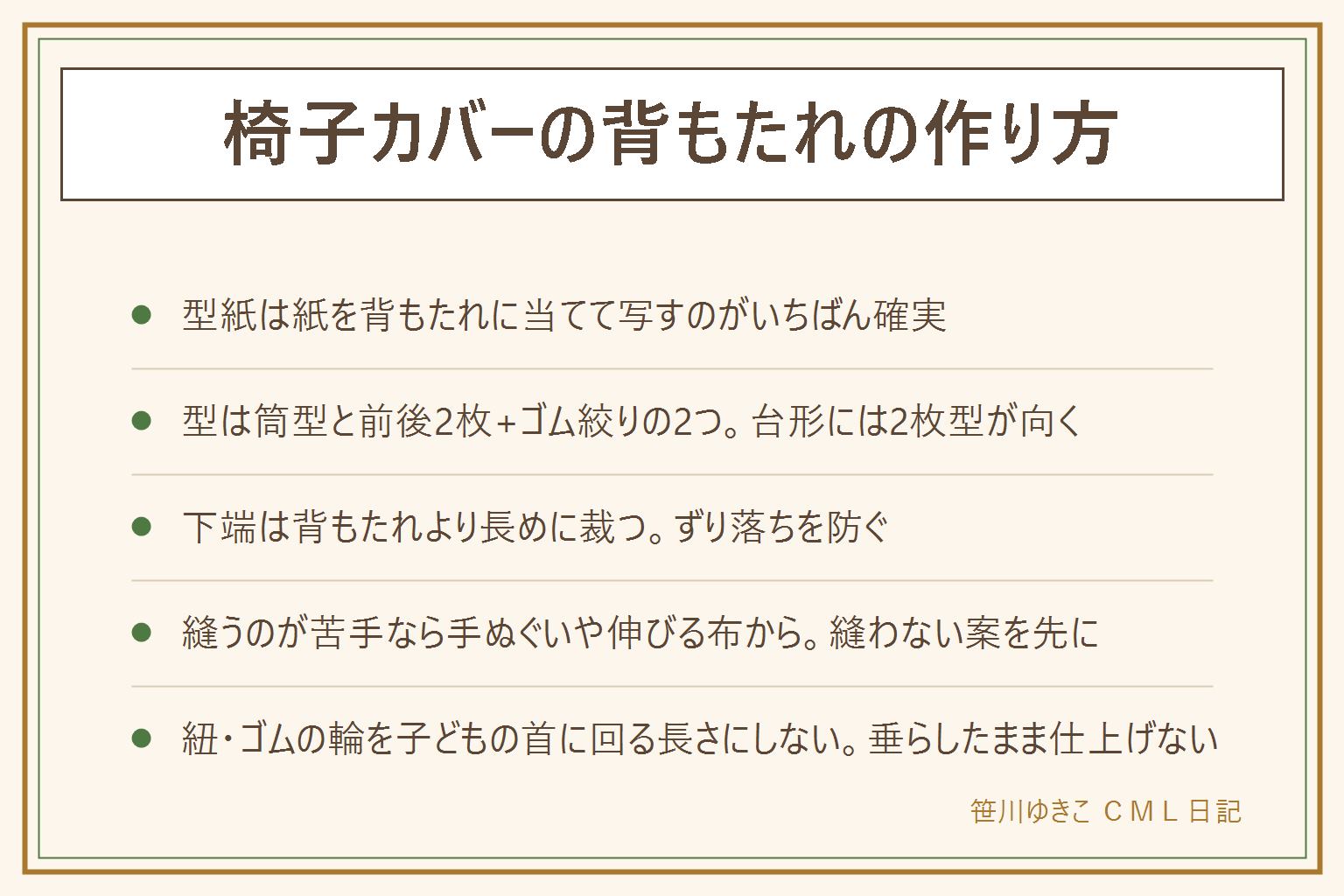 椅子カバーの背もたれの作り方の早見表:型紙は紙を背もたれに直接当てて輪郭を写すのが確実、厚みの分1から2センチ余裕を足す。型は1枚を筒にしてかぶせるだけの型と、前後2枚を縫って下をゴムで絞る型の2つ、台形や凹凸のある背もたれには2枚型が向く。下端は背もたれの下端より長めに裁つとずり落ちにくい。縫う順番は端の始末、両脇を縫う、下端にゴムを通す。縫うのが苦手なら手ぬぐいや伸びる布をかぶせて結ぶだけの縫わない案から。ミシン・アイロン・裁ちばさみ・目打ち・グルーガンはけがに注意、アイロンは当て布、まち針は数えて始め数えて終える。紐・ゴムの輪を子どもの首に回る長さにせず、椅子の後ろに長く垂らさない
