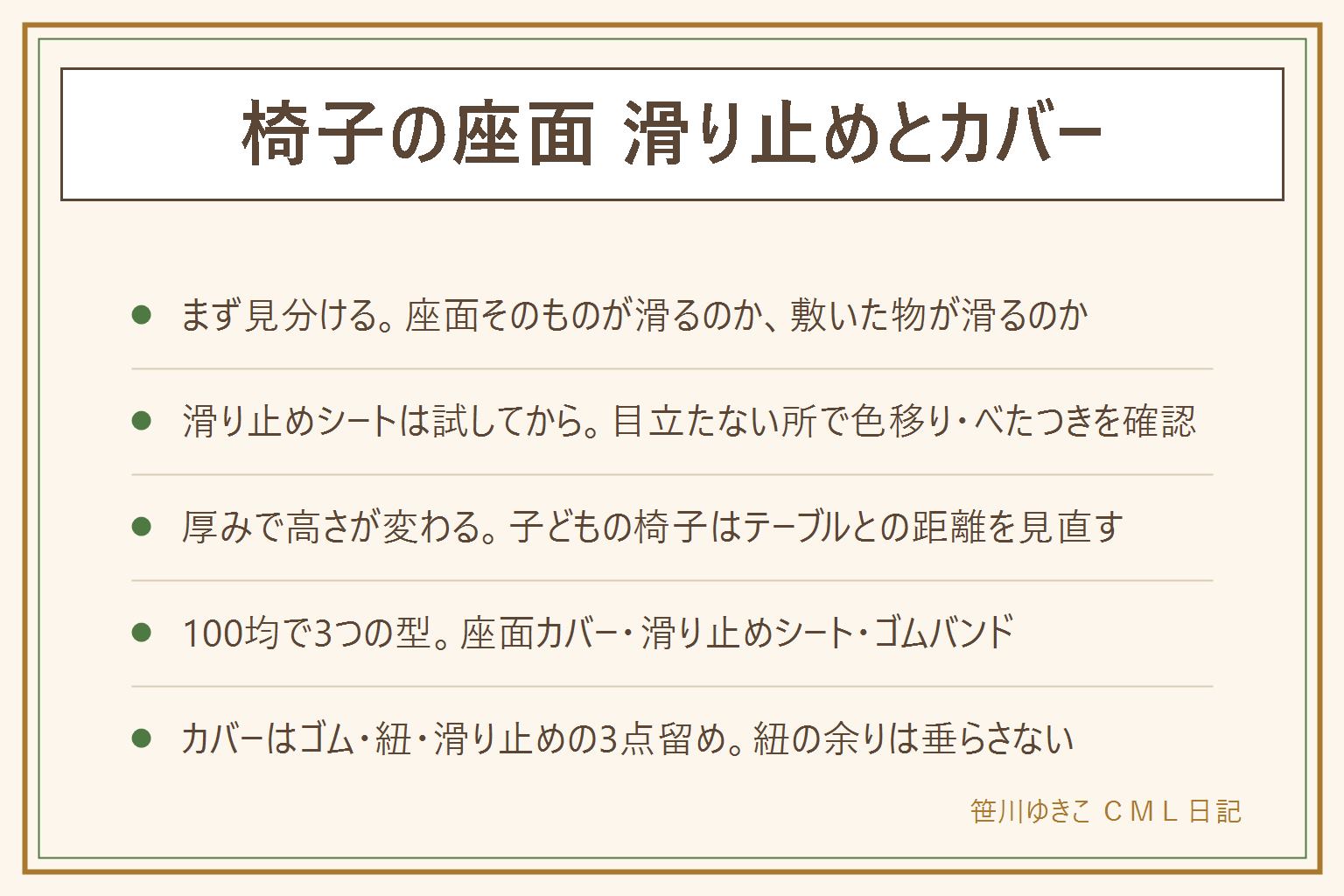 椅子の座面 滑り止めとカバーの早見表:まず座面そのものが滑るのか敷いた物が滑るのかを見分ける。座面が滑る時は滑り止めシートを目立たない所で試してから貼る、または裏に滑り止めのある座面カバーをかぶせる、合皮は乾いた布で拭く。100円ショップには裏がゴムの座面カバー・ロールの滑り止めシート・滑り止めゴムバンドがある。座面カバーはゴムを通す・紐で脚に結ぶ・裏に滑り止めを貼るの3つで留める。子どもの椅子は厚みを足すとテーブルとの高さが変わるので確認する。紐の余りは垂らさない、高齢者は滑り止めがあっても立ち上がりで椅子が動くことがある