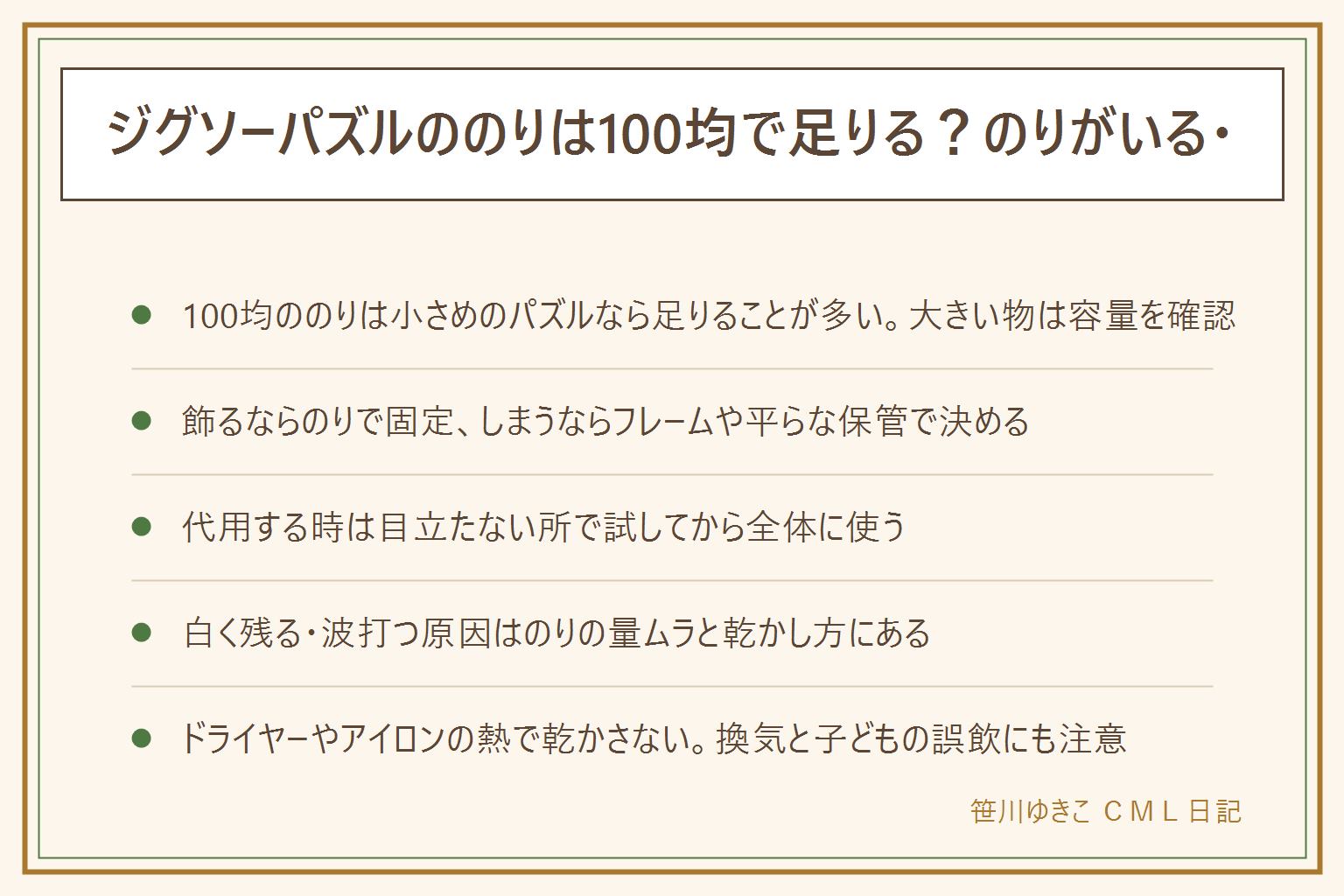 ジグソーパズルののりと失敗の早見表:100均ののりは小さめのパズルなら足りることが多く大きなパズルは容量を確認する。飾りたいならのりで固定、しまうならフレームや平らな状態で保管する。専用のりがない時は手芸用のりやボンドを目立たない所で試してから使う。糊付けで白く残る・波打つ原因はのりの量のムラと乾かし方にあり、重しをのせて自然乾燥させるとよい。ドライヤーやアイロンの熱で乾かすと反りや変形の原因になるため避ける。作業は換気をしながら行い、子どもだけで塗らせず、小さなピースの誤飲にも注意する。