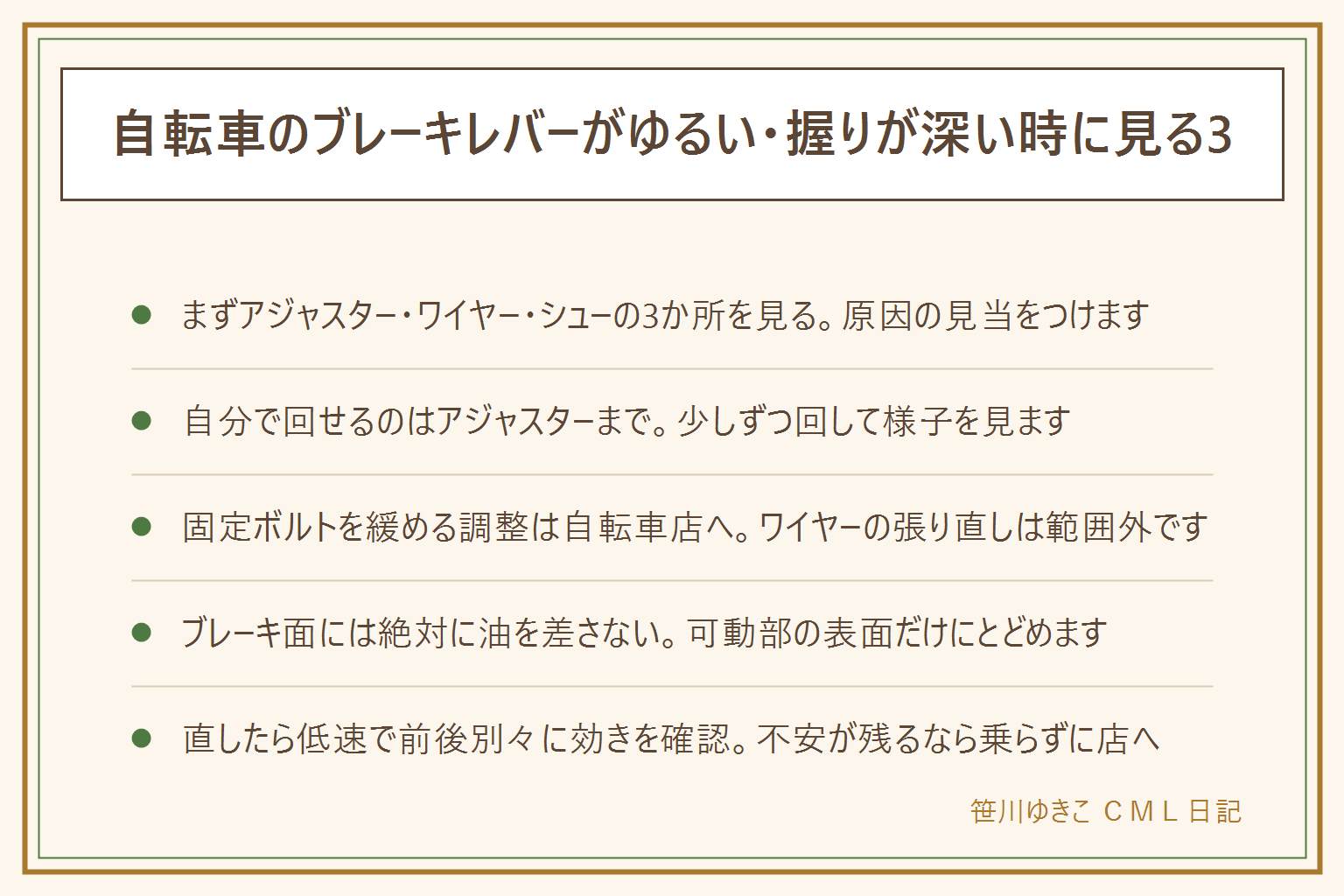ブレーキレバーがゆるい時の早見表:見る3か所はレバー根元のアジャスター、ワイヤーの伸びや錆、ブレーキシューの溝の深さ。自分で調整できるのはアジャスターを少しずつ反時計回りに回す範囲まで。ワイヤーの固定ボルトを緩める調整やレバーを曲げる修理は自転車店に依頼する。ブレーキのゴムやリム、ディスクの部分には油や潤滑剤を絶対に付けない。潤滑剤を使う時は換気のよい火気のない場所で少量だけ、使用後は子どもの手の届かない所へ。調整が終わったら低速で前輪と後輪のブレーキを別々に握って効き具合を確認し、握ってもほとんど効かない、戻らないという時は乗らずに自転車を押して自転車店へ相談する。子どもの自転車は大人が事前に点検する