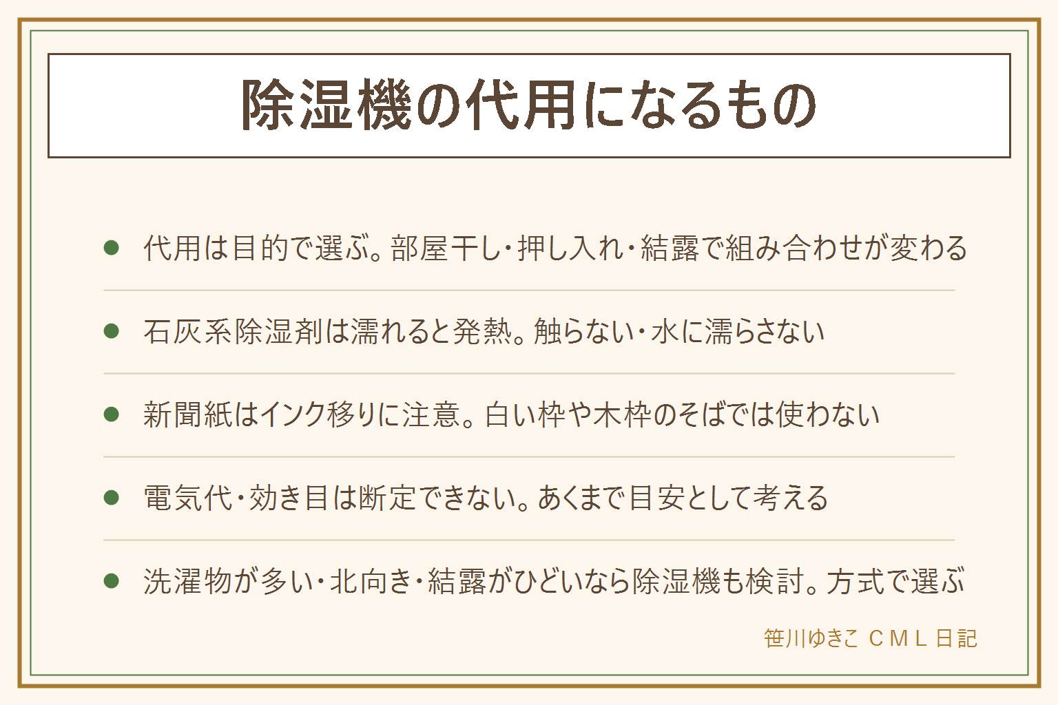 除湿機の代用になるものの早見表:部屋干しはエアコンの除湿と扇風機を組み合わせる、押し入れやクローゼットは置き型の除湿剤とすのこ、扉を少し開けて風を通す、結露は換気と窓の対策で拭き取る習慣も、梅雨の部屋全体はエアコンの除湿運転。石灰系(生石灰)の除湿剤は濡れると発熱するので触らない水に濡らさない、新聞紙はインクが周りに移ることがある、エアコンの除湿の強さは機種で差がある、電気代や重曹の効き目は断定しない。洗濯物が多い・北向きで日が入らない・窓の結露がひどい・毎日部屋干しをするなら除湿機も検討し、方式の違いで選ぶ