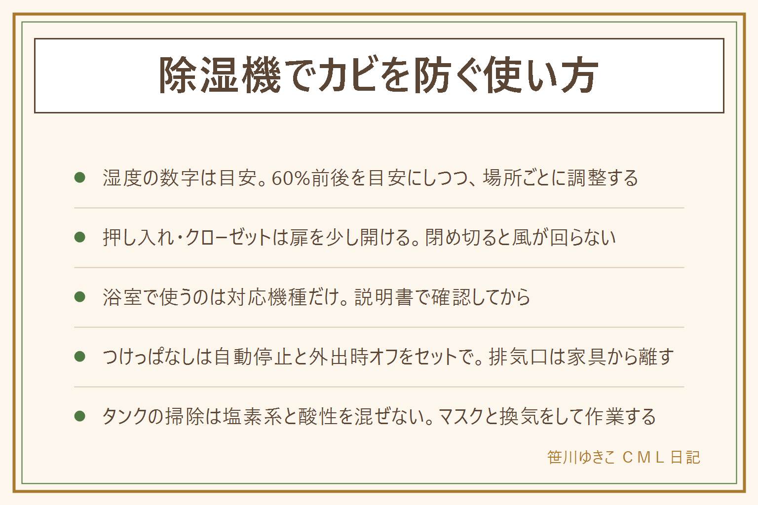 除湿機でカビを防ぐ使い方の早見表:湿度は60%前後を目安にしつつ場所ごとに調整する、押し入れやクローゼットは扉を少し開けて風の通り道を作る、浴室や脱衣所で使うのは対応機種だけ説明書で確認する、つけっぱなしにする時は自動停止と外出時の電源オフをセットにし排気口は家具やカーテンから離す、タンクの水は飲まない、カビの掃除は塩素系と酸性の製品を絶対に混ぜずマスクと換気をして作業する、それでも効かない時は換気やエアコンの除湿、除湿剤を併用する、湿度の数字や電気代、カビの健康影響は断定しない