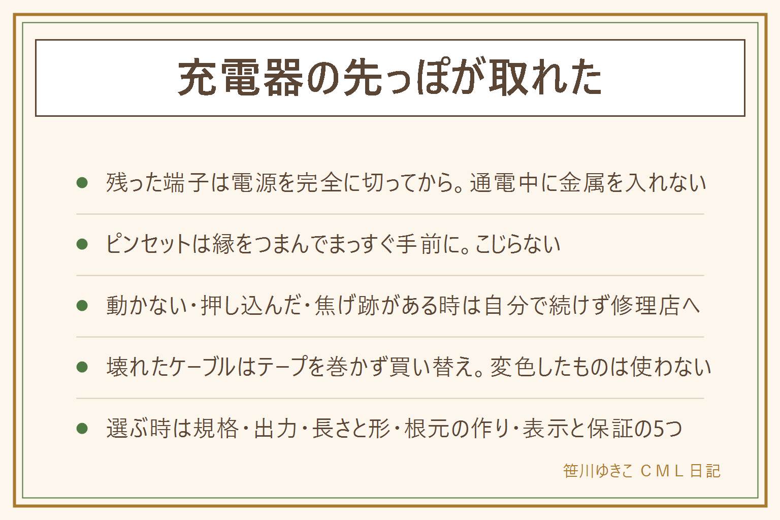 充電器の先っぽが取れた時の早見表:状況は端子が差込口に残った場合とケーブルが壊れた場合の2つ。残った端子はまず本体の電源を完全に切り、明るい所で中を確認し、細いピンセットで金具の縁をまっすぐ手前に引く。こじらない、通電したまま金属を差込口に入れない。金具が動かない、奥に押し込んだ、中の端子が曲がった、焦げ跡やにおいがある、本体が熱い、電池が膨らんでいる時は自分で続けず修理店へ相談し見積もりを取る。壊れたケーブルはテープを巻かずに買い替えるのが安全で、焦げ跡や変色のあるものは使わない。買い替えで見るのは規格と出力、長さと形、根元の作り、PSEマークの表示、保証の5つ。次から壊さないコツは根元を曲げない、斜めに抜かない、コードを引っぱらない