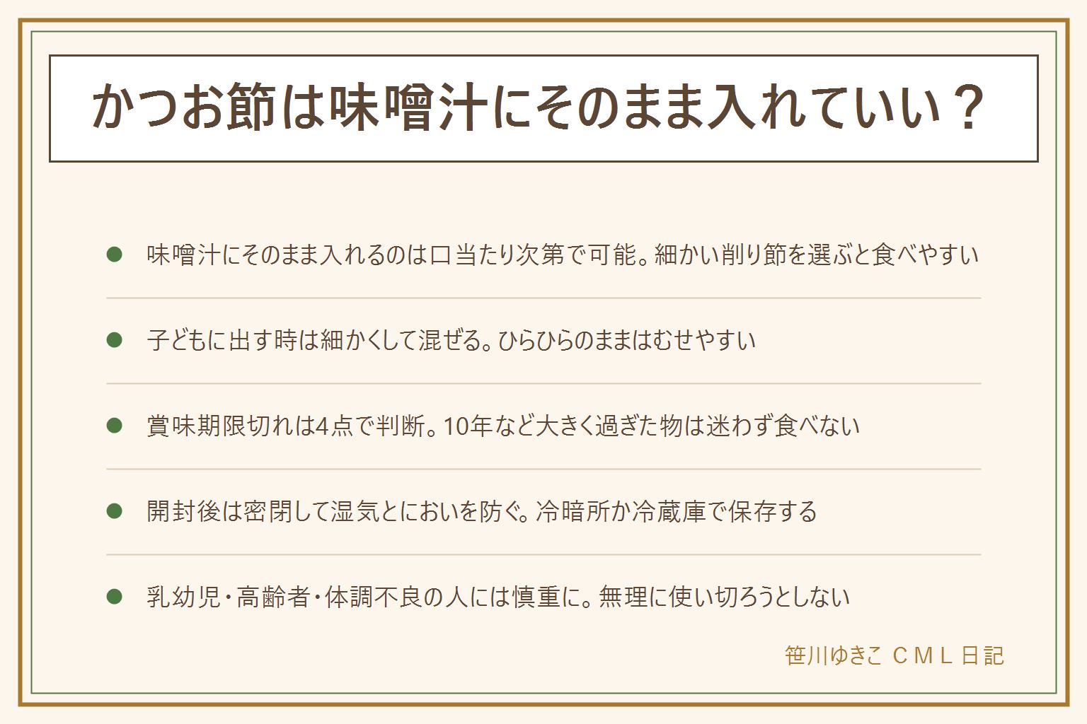 かつお節の早見表:味噌汁にそのまま入れるのは口当たりの好みで調整でき細かい削り節を選ぶと食べやすい、だしを取る場合と違い削り節そのものが口に残る。そのまま食べる時は小さな子どもはむせやすくのどに貼りつきやすいのでひとつまみをさらに細かくしてご飯やおかずに混ぜ込み大きな塊のまま与えない。賞味期限切れは消費期限との違いを知り未開封で表示どおり保存が前提、カビや変なにおいや湿気て固まっている場合は食べない、10年など大きく過ぎた物は数字の線引きをせず食べない判断を選ぶ、乳幼児高齢者妊娠中体調不良の人には出さない。開封後は密閉容器や保存袋で空気を抜いて閉じ冷暗所か冷蔵庫でにおい移りを防ぐ