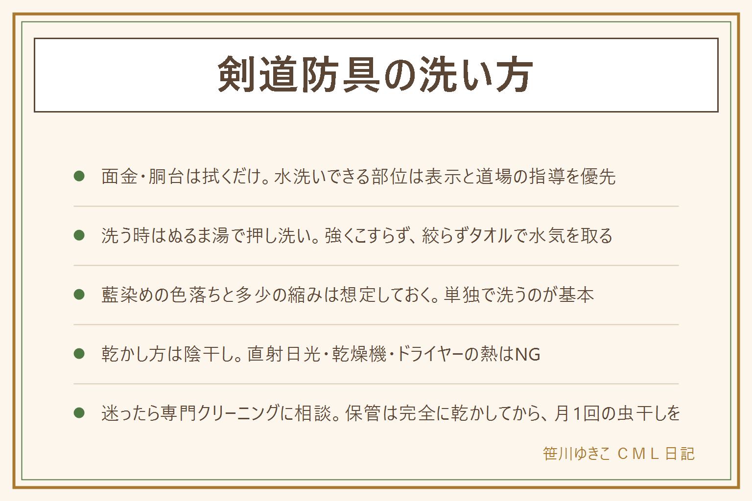 剣道防具の洗い方の早見表:面金・胴台は拭くだけで水洗いしない、面布団・小手・垂は製品によって差があるので表示と道場の指導を優先。洗う時はぬるま湯で中性洗剤を使い押し洗い、強くこすらずつけ置きしない、絞らずタオルで水気を取る。藍染めの生地は色落ちと多少の縮みがあらかじめ想定される範囲、単独で洗うのが基本、色止め剤の効果は限定的。乾かし方は風通しのいい場所で陰干し、直射日光・乾燥機・ドライヤーの熱は避ける、中まで完全に乾かしてから保管する。カビらしい汚れを見つけたら屋外でマスクをして扱う。迷った時や試合前は剣道防具専門のクリーニングに相談する選択肢もある。保管は湿気の少ない場所で月1回程度の虫干しをする。