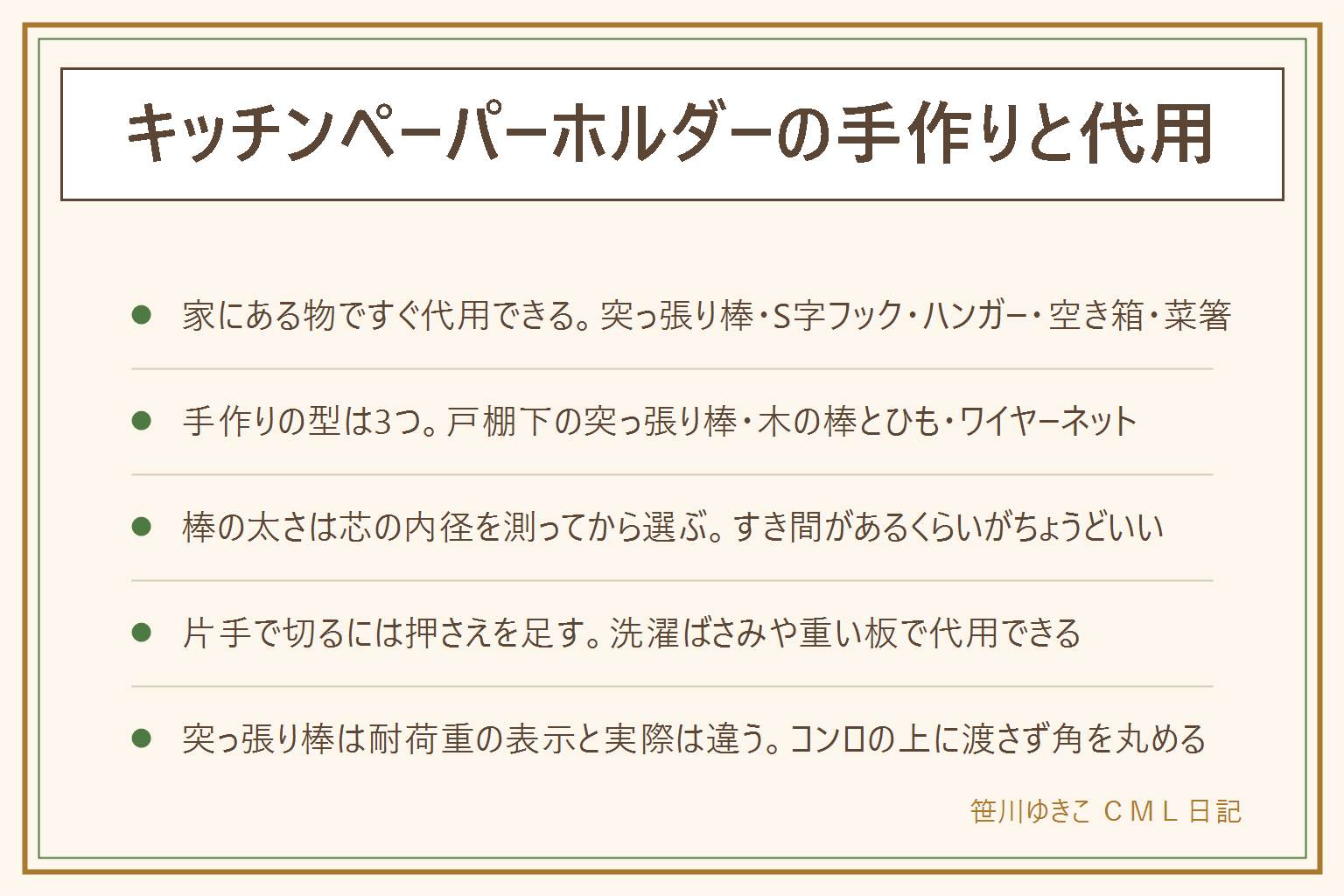 キッチンペーパーホルダーの手作りと代用の早見表:家にある物で代用するなら突っ張り棒・S字フックとひも・ハンガー・菜箸と輪ゴム・空き箱が候補。しっかり使いたいなら手作りの型は3つ、戸棚下に突っ張り棒がいちばん手軽、木の棒とひもは太さを調整しやすい、ワイヤーネットは複数本まとめて置ける。棒の太さはロールの芯の内径を測ってからわずかに細い物を選ぶ。片手で切るには洗濯ばさみや重い板で押さえを足すとよい。安全は、突っ張り棒の耐荷重の表示と実際に耐える重さは違うので表示ぎりぎりまで使わない、コンロの上に棒を渡して紙を垂らさない、棒の端は角を丸めるかカバーをつける。金額や効果は断定しない