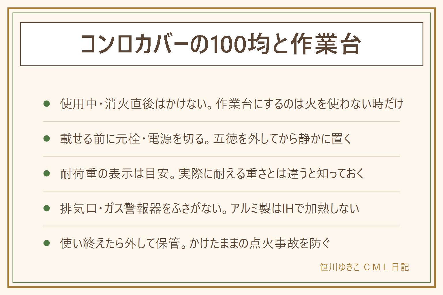 コンロカバーの早見表:使用中・消火直後はかけない、作業台にするのは火を使わない時だけ、ガスの元栓やIHの電源を切ってから載せる、耐荷重の表示の数字と実際に耐える重さは違う、排気口やグリル排気口・ガス警報器をふさがない、アルミ製のカバーはIHの上で加熱しない。型は汚れよけ・作業台・排気口カバーの3つ、100均は汚れよけと排気口カバーが足りやすく作業台は耐荷重次第。自作するなら耐熱性のある板と安定する脚を選び、使い終えたら外して保管する。子どもがコンロの上に登れる高さにしない