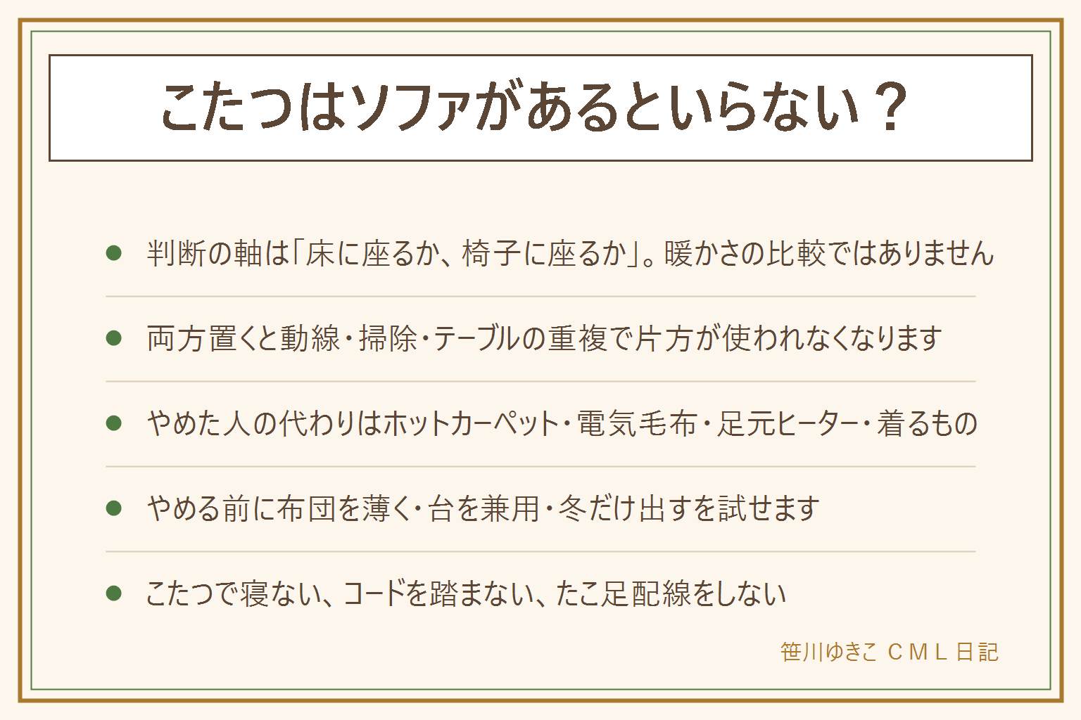 こたつはソファがあるといらないかの早見表:判断の軸は床に座るか椅子に座るかで、暖かさの比較ではない。両方置くと通り道が細くなり、掃除機が入らず、ソファが物置きになり、こたつで寝てしまい、テーブルが2つになって片方が使われなくなる。置くならソファを壁付けにして背もたれとして使う。こたつをやめた人が代わりにしているのはホットカーペット、電気毛布、足元のパネルヒーター、厚手のルームソックスや大判ブランケット、厚いラグ。それでもこたつが強いのは、家族が自然に集まる、足元だけ温めたい、部屋全体を暖めなくてよい、夏はローテーブルとして使える場面。やめる前にこたつ布団を薄くする、台を兼用にする、寒い時期だけ出す、ソファの位置を先に決めるを試せる。置く前に布団が広がる寸法、通り道の幅、立ち座りのしやすさ、コンセントの位置を測る。こたつで寝ると低温やけどと脱水の危険があるので眠くなったら布団へ移る。コードを踏まない、布団で挟まない、たこ足配線をしない。電気代は消費電力と使う時間と単価で自分で計算する