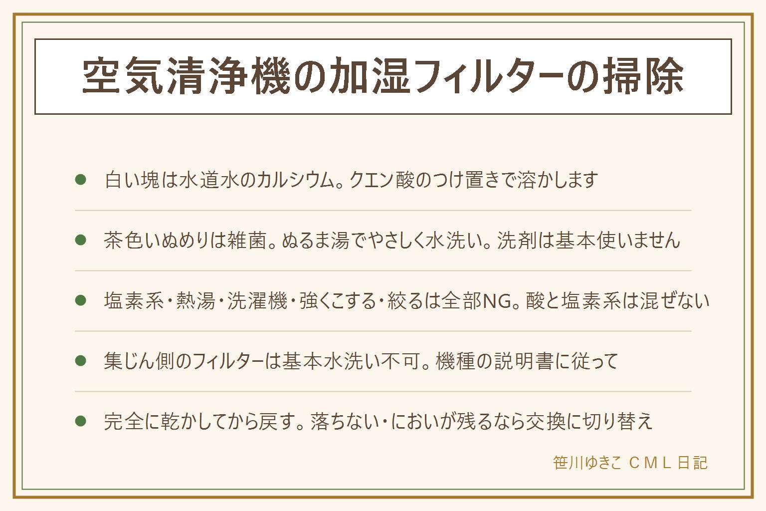 空気清浄機の加湿フィルター掃除の早見表：始める前に電源を切ってプラグを抜き、外す前に並び順と向きを写真に撮る。硬い白い塊は水道水のカルシウムなのでクエン酸のつけ置き、目安は水1リットルに大さじ1から2杯、ぬるま湯30から40度で30分から2時間、そのあとよくすすぐ。柔らかい茶色いぬめりはほこりと雑菌なのでぬるま湯でやさしくふり洗い、中性洗剤は基本使わない。両方ある時は水洗いのあとクエン酸。やってはいけないのは塩素系漂白剤、熱湯や煮る、洗濯機、ブラシで強くこする、絞ってねじるの5つ。クエン酸と塩素系は絶対に混ぜず、換気しながら作業する。集じん側と脱臭のフィルターは基本水洗い不可で説明書に従う。仕上げは陰干しで完全に乾かしてから戻す。頻度はタンクとトレーが週1回、加湿フィルターの水洗いとクエン酸が月1回、シーズン終わりは念入りに。塊が落ちない、においが戻る、水を吸い上げない、破れているなら型番を控えて交換する