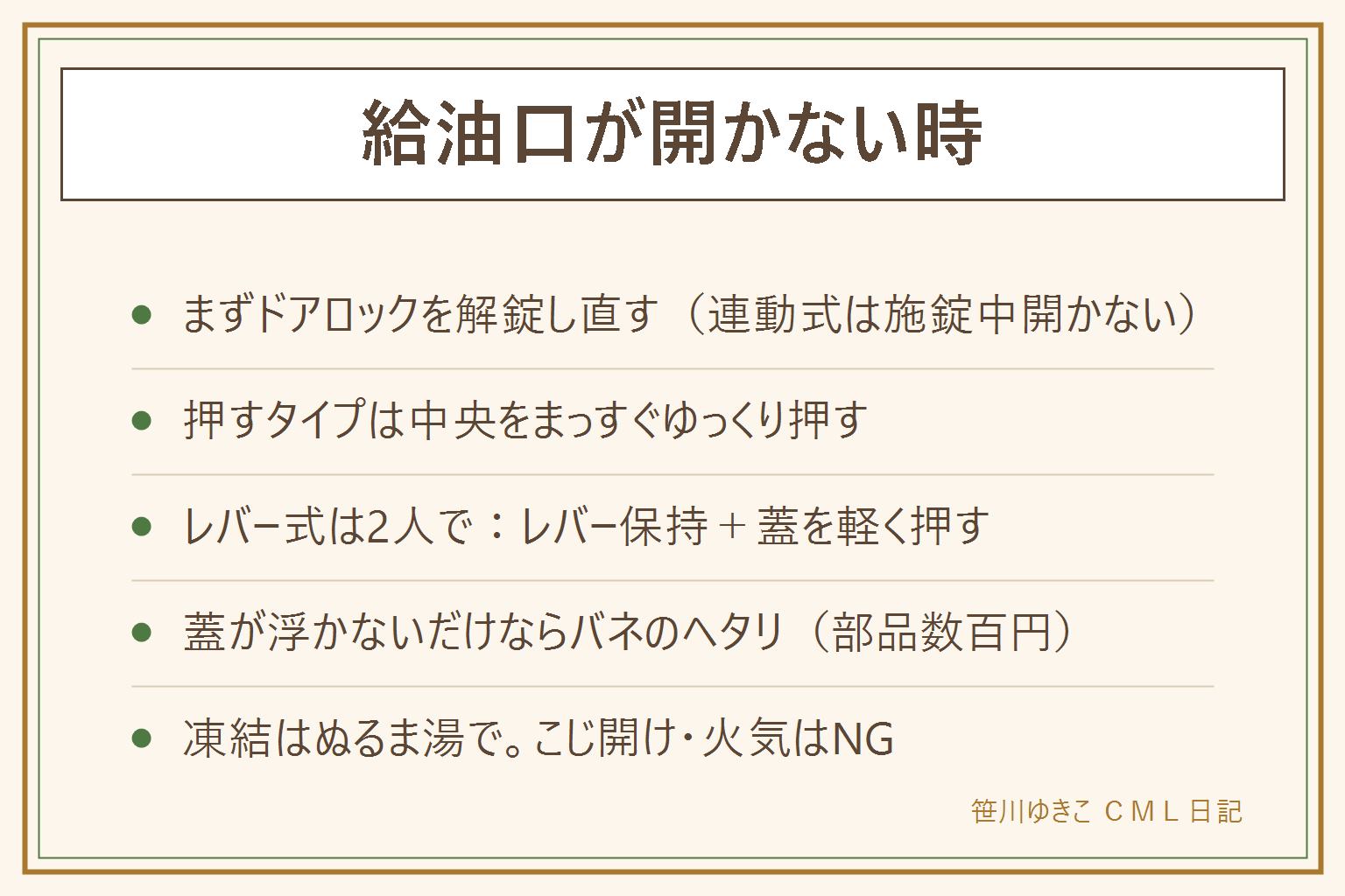 給油口が開かない時の早見表:まずドアロックを解錠し直す。押すタイプは蓋の中央をまっすぐゆっくり押し込む。レバー式はワイヤーの切れや伸びを疑い、ひとりがレバーを引いたままもうひとりが蓋を軽く押す。蓋が浮かないだけならバネのヘタリで部品は数百円。冬や洗車後の凍結はぬるま湯で溶かし熱湯は使わない。マイナスドライバーでこじ開けると塗装とロック機構を傷める。電磁ロック式はトランク内側のサービスホールから手動解除。ガソリン周辺は火気厳禁