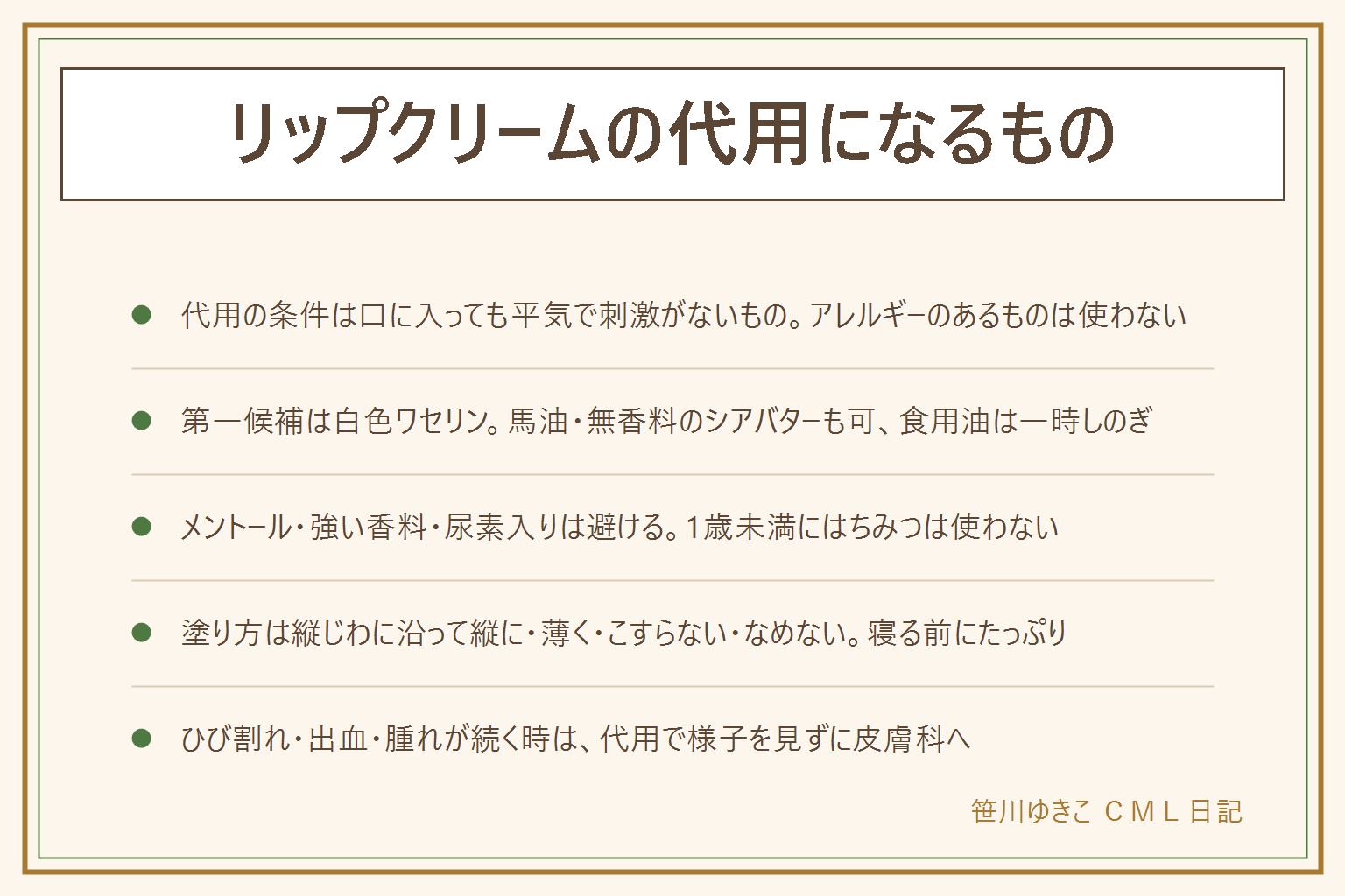 リップクリームの代用の早見表:条件は口に入っても大丈夫で刺激のないものだけ。使えるものは白色ワセリンが第一候補、馬油、無香料のシアバター、尿素とメントールと香料の入っていない無香料のハンドクリームを少量、オリーブオイルなど食用油は一時しのぎ。やめた方がいいものはメントール入り、香料の強いもの、尿素入りのハンドクリーム、色つきの口紅だけ、アルコールやハンドジェル、そして1歳未満の赤ちゃんにはちみつは絶対に使わない。アレルギーのあるものは唇にも使わない。塗り方は唇の水分を軽く押さえてから、縦じわに沿って縦に、指か綿棒で薄く、こすらない、なめない、皮をむかない、寝る前にたっぷり。出先はコンビニのワセリンか無香料リップ。子どもはワセリンを基本に。ひび割れ・出血・腫れ・かゆみが続く時は代用で様子を見ずに皮膚科へ