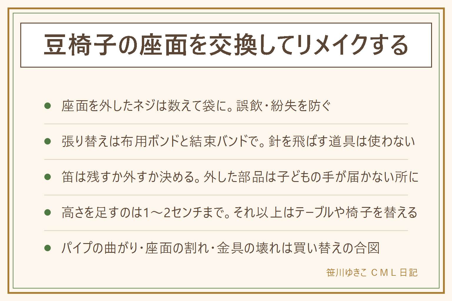 豆椅子の座面交換とリメイクの早見表:先に安全、座面を外したネジは数えて袋に、高さを足すと重心が上がり倒れやすい、布は洗える物を選ぶ、滑り止めを貼っても目を離さない。座面の張り替えは裏のネジを外す、板とウレタンを取り出す、新しい布を布用ボンドと結束バンドで留める、タッカーは使わない。座面の下の笛は残すか外すか決め、外した部品はすぐ片づける。高さを足すのは1〜2センチまで、それ以上はテーブルや椅子を替える、床の滑り止めはゴム素材に。パイプが曲がった、座面の板が割れた、ベルトの金具が壊れたら直さず買い替えを検討する。