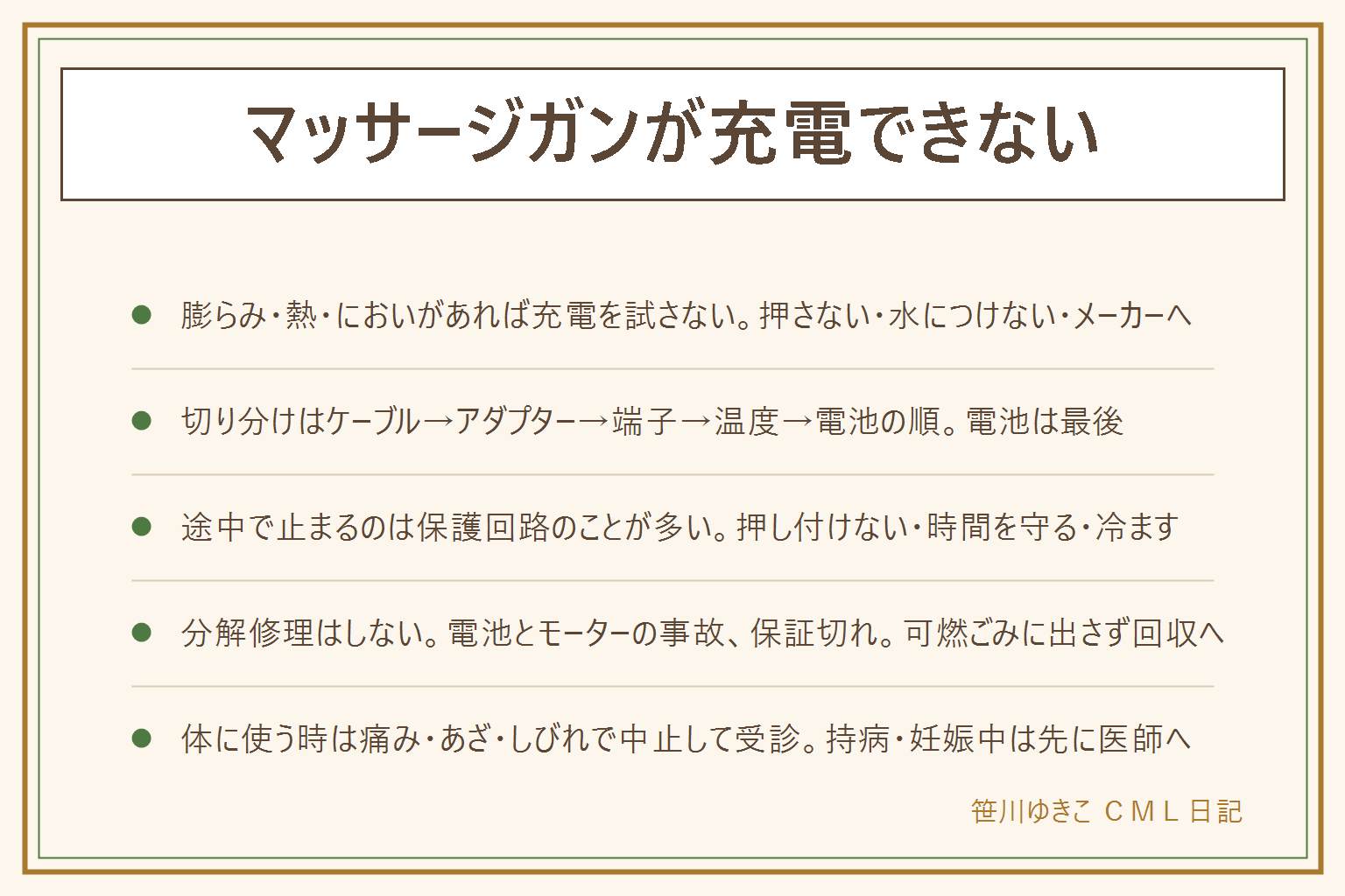 マッサージガンが充電できない時の早見表:先に持ち手の膨らみ、使っていないのに熱い、甘いにおいや焦げたにおい、落としたあとの不調を確認し、ひとつでも当たれば充電せず押さず水につけずメーカーへ。切り分けは上から順に、ケーブルを別のものに替える、アダプターとコンセントを替えて壁に直接挿す、端子のほこりやオイルを電源を切って乾いたブラシで取る、周りの温度を人が過ごしやすい所にする、最後に電池の劣化を疑う。途中で止まるのは保護回路が働いていることが多く、押し付けすぎ、連続使用の時間超え、本体の熱、電池残量が理由なので休ませて冷まし軽く当てる。分解修理はリチウム電池と高回転モーターがあり保証も切れるのでしない。捨てる時は可燃ごみに出さず自治体の小型充電式電池の回収か店の回収ボックスへ。体に使う時は痛み、あざ、しびれで中止して受診し、持病や妊娠中は先に医師へ相談