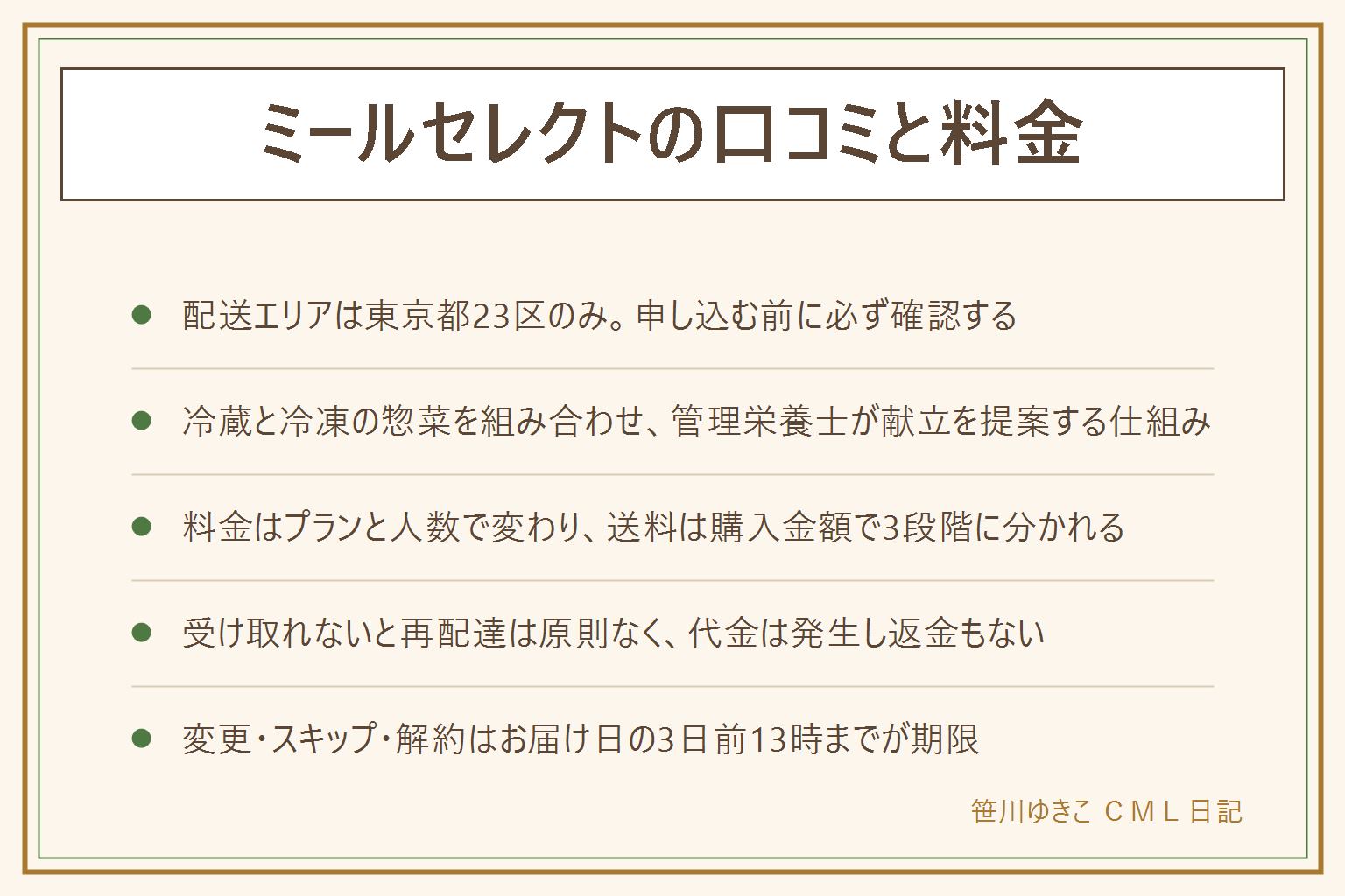 ミールセレクト早見表:配送エリアは東京都23区のみ、公式は拡大予定と案内。冷蔵と冷凍の惣菜を組み合わせ、管理栄養士が献立を提案。料金は主菜・副菜コース大人2人6000〜6999円など、コースと人数で変わる。送料は5400円以上無料・3672〜5399円で200円・3671円以下で600円。受け取り時間帯は5枠から選択、届いたらすぐ冷蔵庫へ。受け取れないと再配達は原則なく代金は発生し返金なし。変更・スキップ・解約はお届け日の3日前13時が期限。