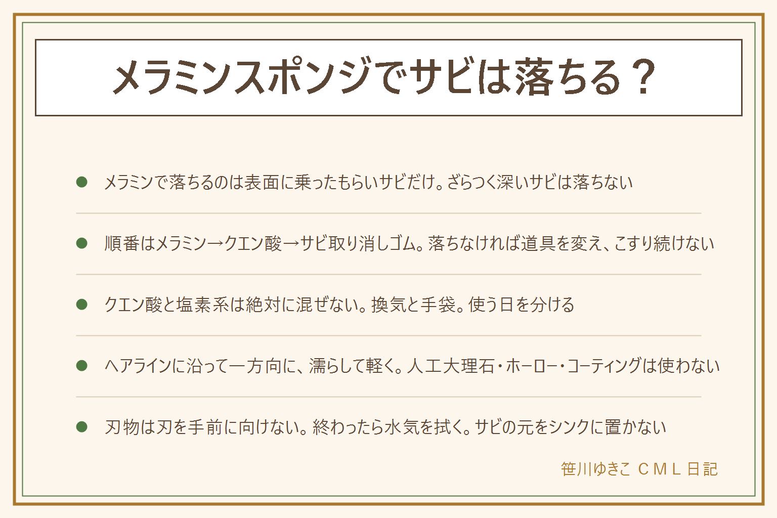 メラミンスポンジでサビ取りの早見表:落ちるのは缶やヘアピンから移った表面のもらいサビまで、触ってざらつく深い赤サビや黒くえぐれた腐食は落ちないので削らない。順番はメラミンを濡らして軽く絞り力を入れず数回、落ちなければ水200mlにクエン酸小さじ1をキッチンペーパーで30分湿布、それでも残ればサビ取り消しゴムを目立たない所で試す。クエン酸と塩素系漂白剤は絶対に混ぜない、換気と手袋。当て方はステンレスのヘアラインに沿って一方向に、円を描かない、同じ所を何十回もこすらない、金属たわしを使わない、人工大理石やホーローやコーティングのシンクには使わない。包丁は刃を手前に向けず刃先を握らない、ハサミはかみ合う面を避ける、自転車のメッキはメラミンで削らない。終わったら水気を拭き、缶やヘアピンや包丁をシンクに置きっぱなしにしない